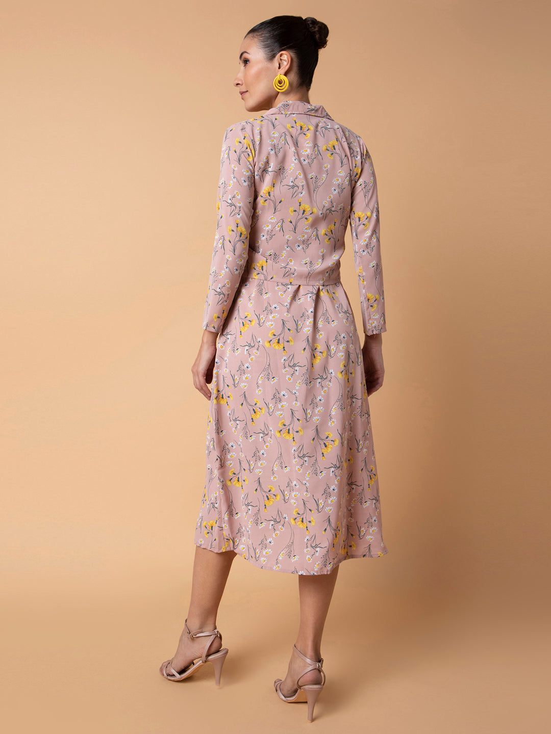 Women's Floral Peach Midi A-Line Dress with Shrug