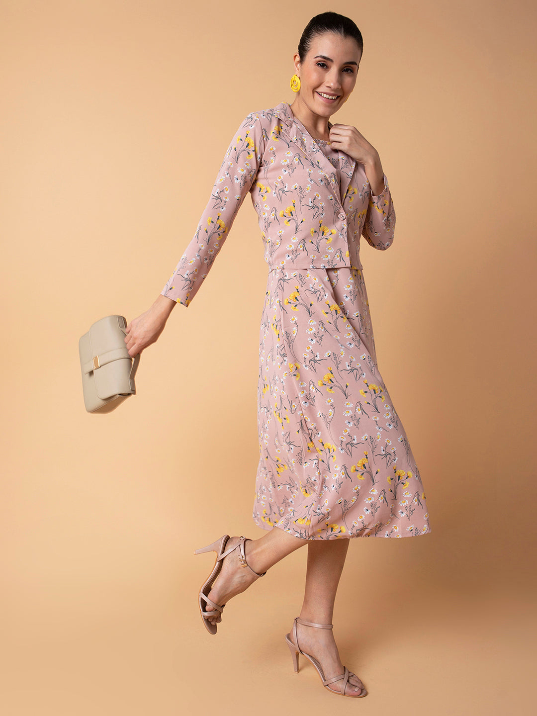 Women's Floral Peach Midi A-Line Dress with Shrug