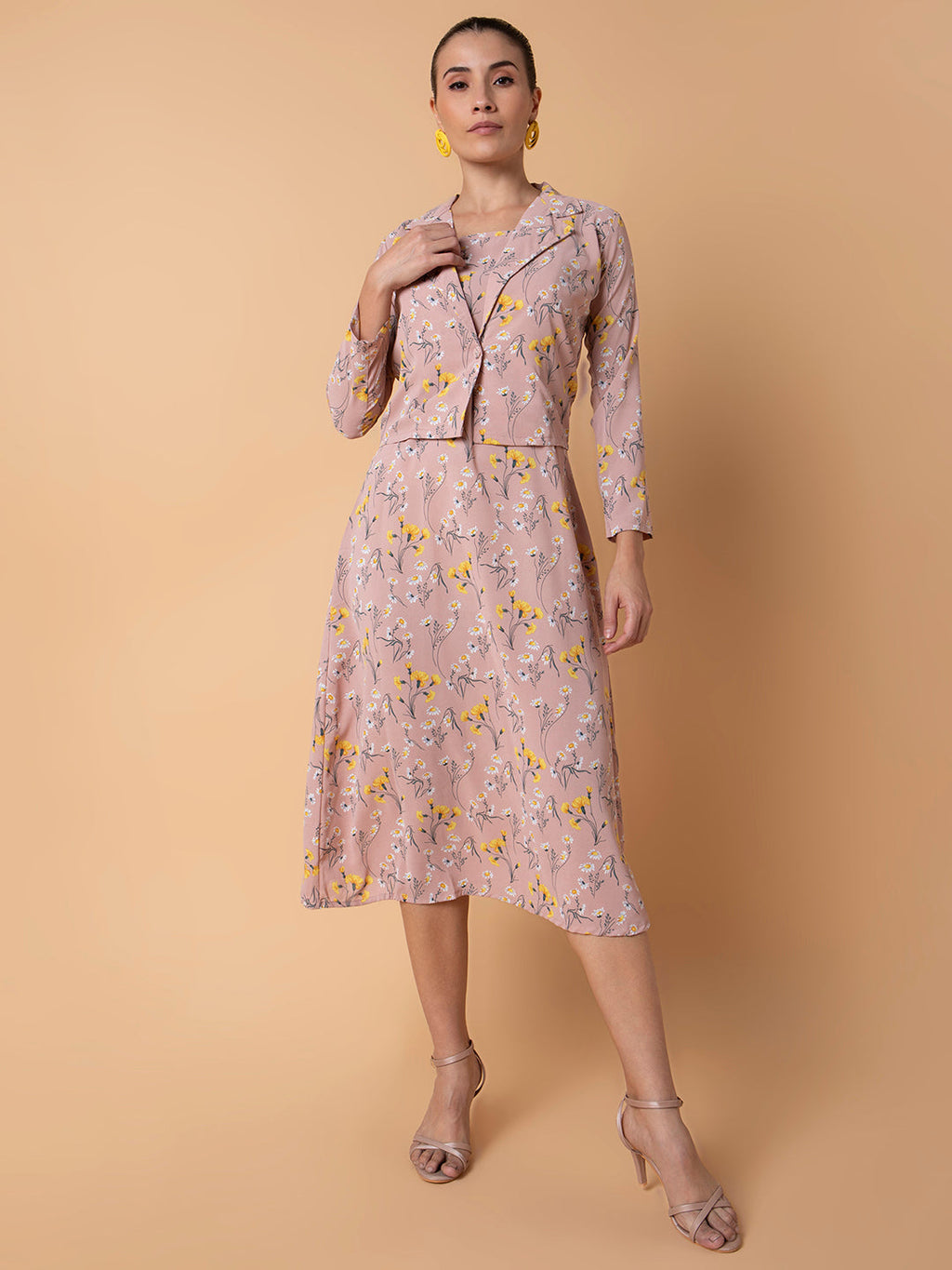 Women's Floral Peach Midi A-Line Dress with Shrug