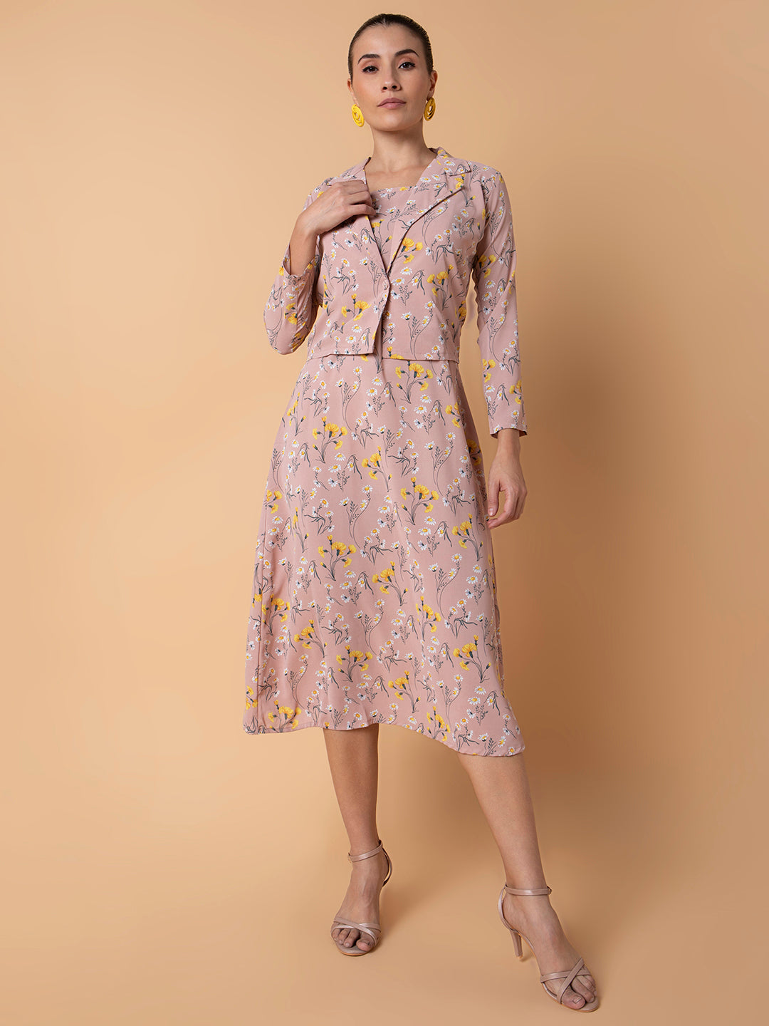 Women's Floral Peach Midi A-Line Dress with Shrug