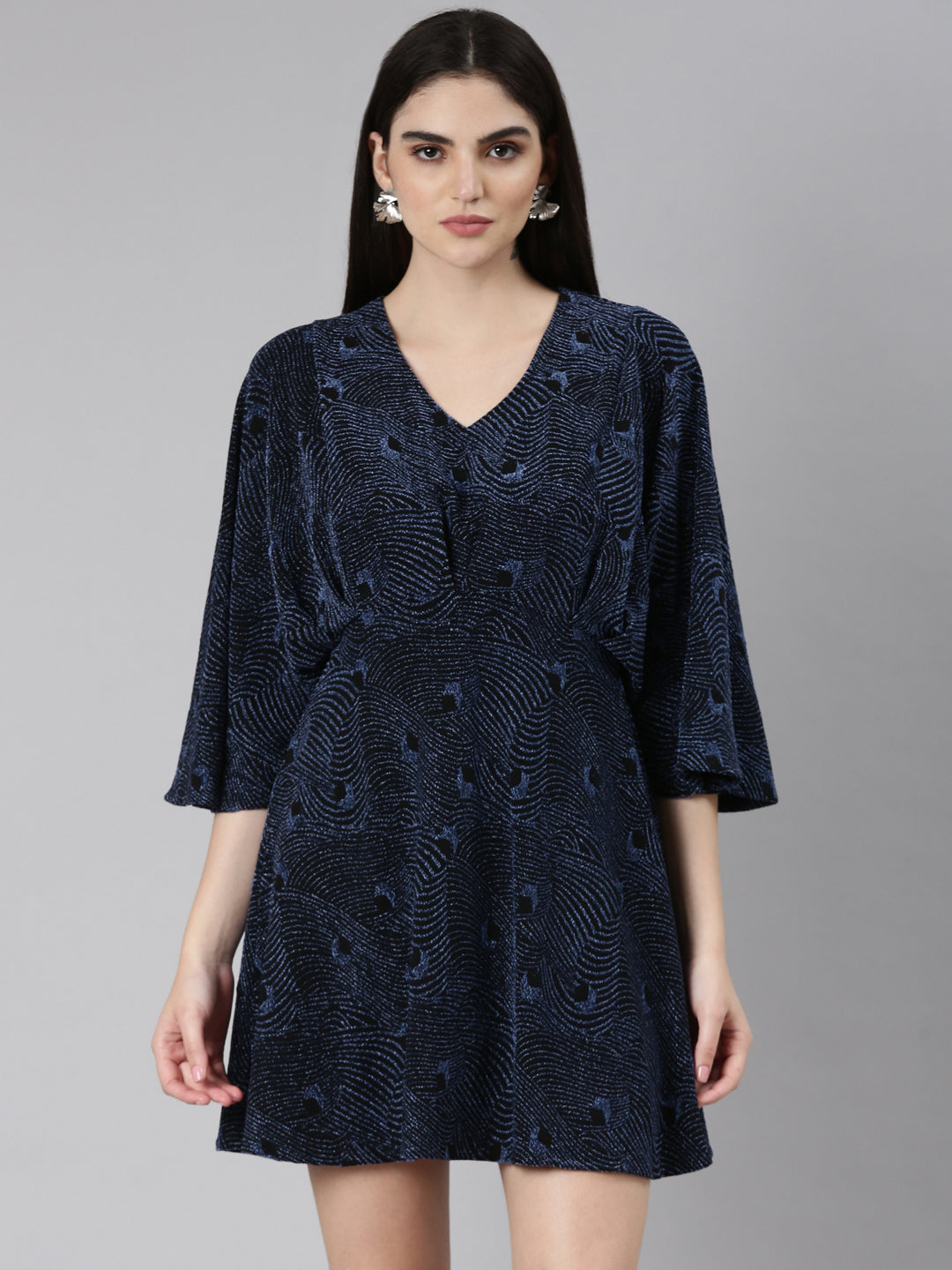 Women's Blue Embellished Flared Sleeves A-Line Mini Dress