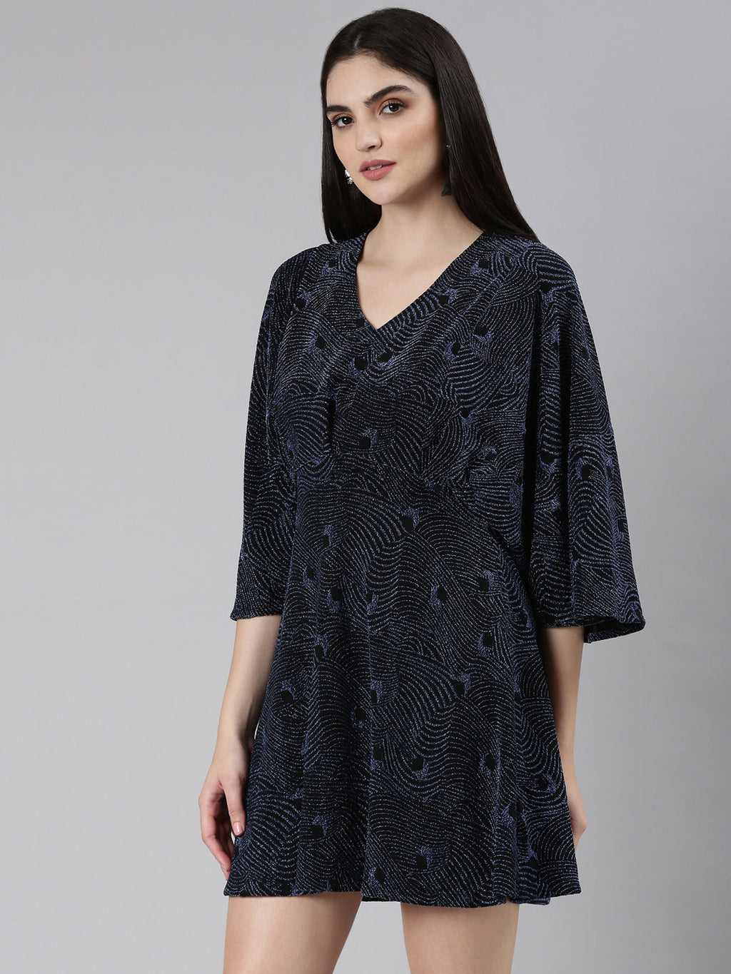 Women's Blue Embellished Flared Sleeves A-Line Mini Dress