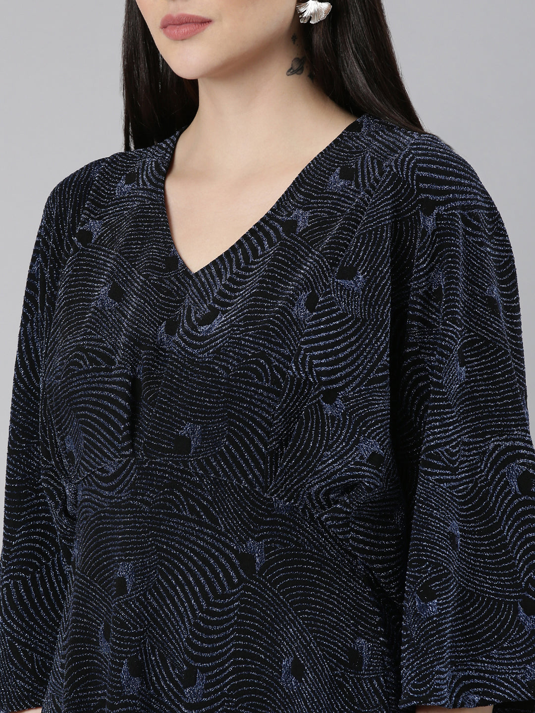 Women's Blue Embellished Flared Sleeves A-Line Mini Dress