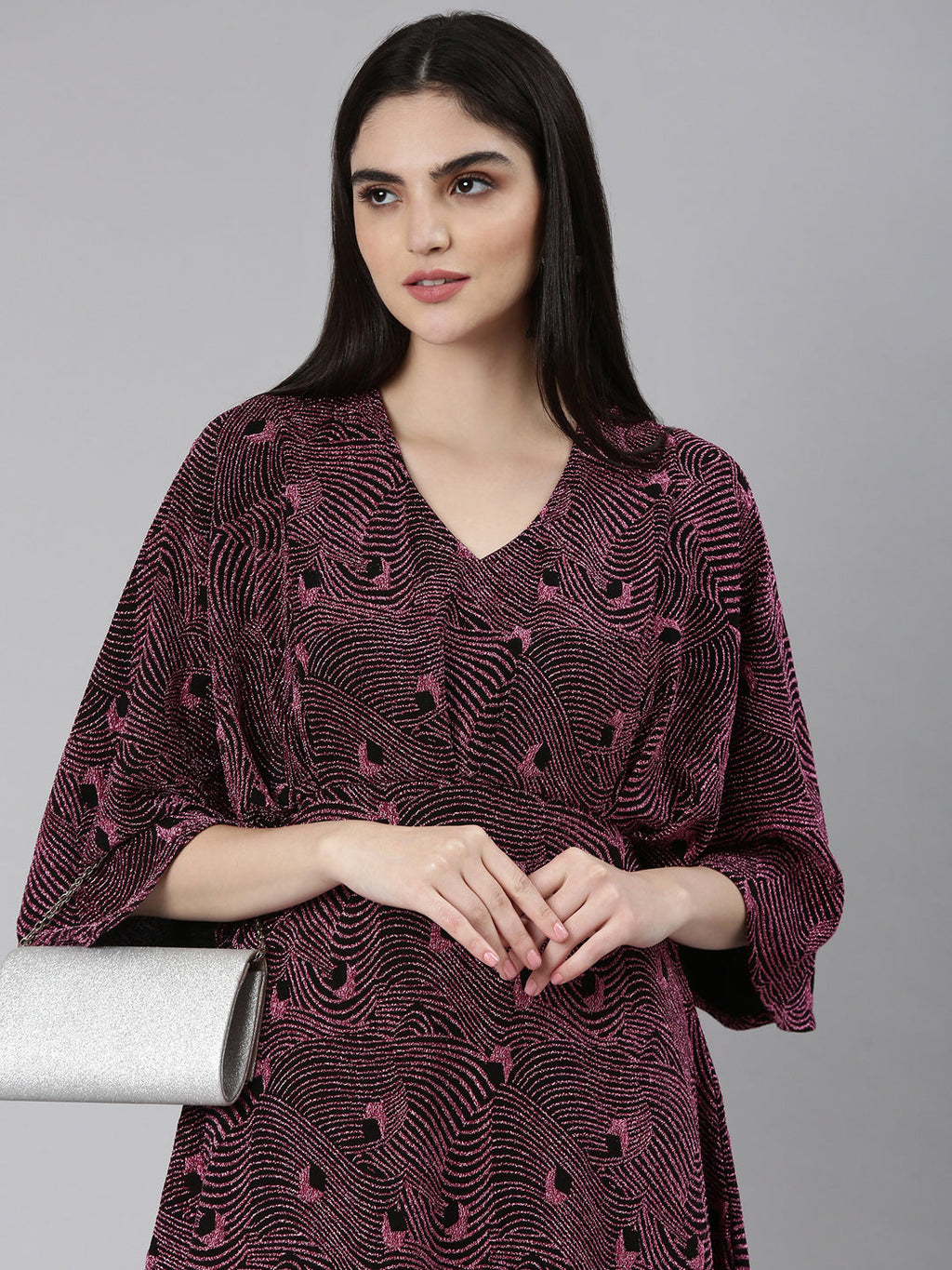 Women's Pink Self Design Flared Sleeve Fit and Flare Dress