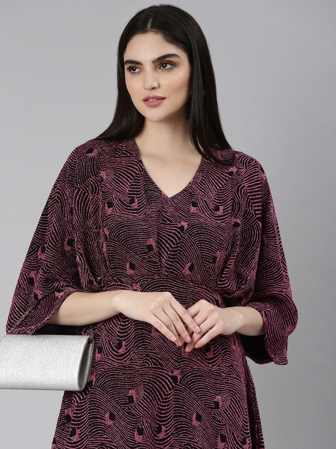 Women's Pink Self Design Flared Sleeve Fit and Flare Dress