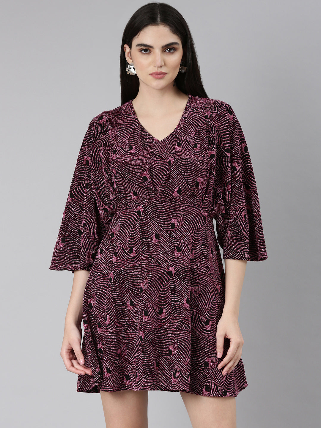 Women's Pink Self Design Flared Sleeve Fit and Flare Dress