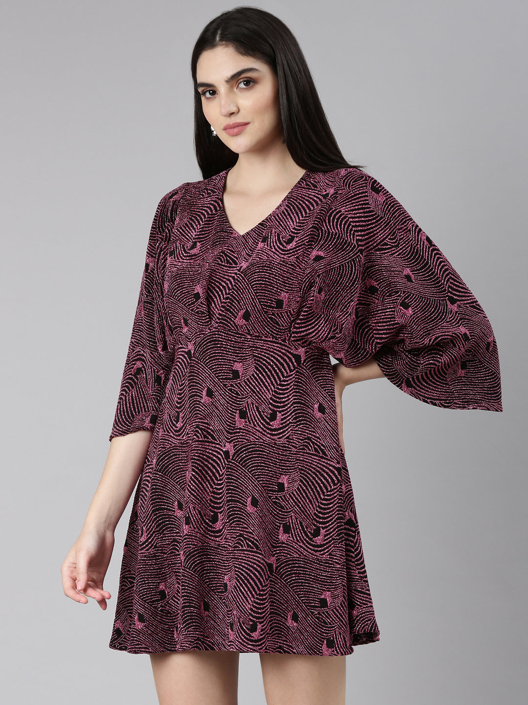Women's Pink Self Design Flared Sleeve Fit and Flare Dress