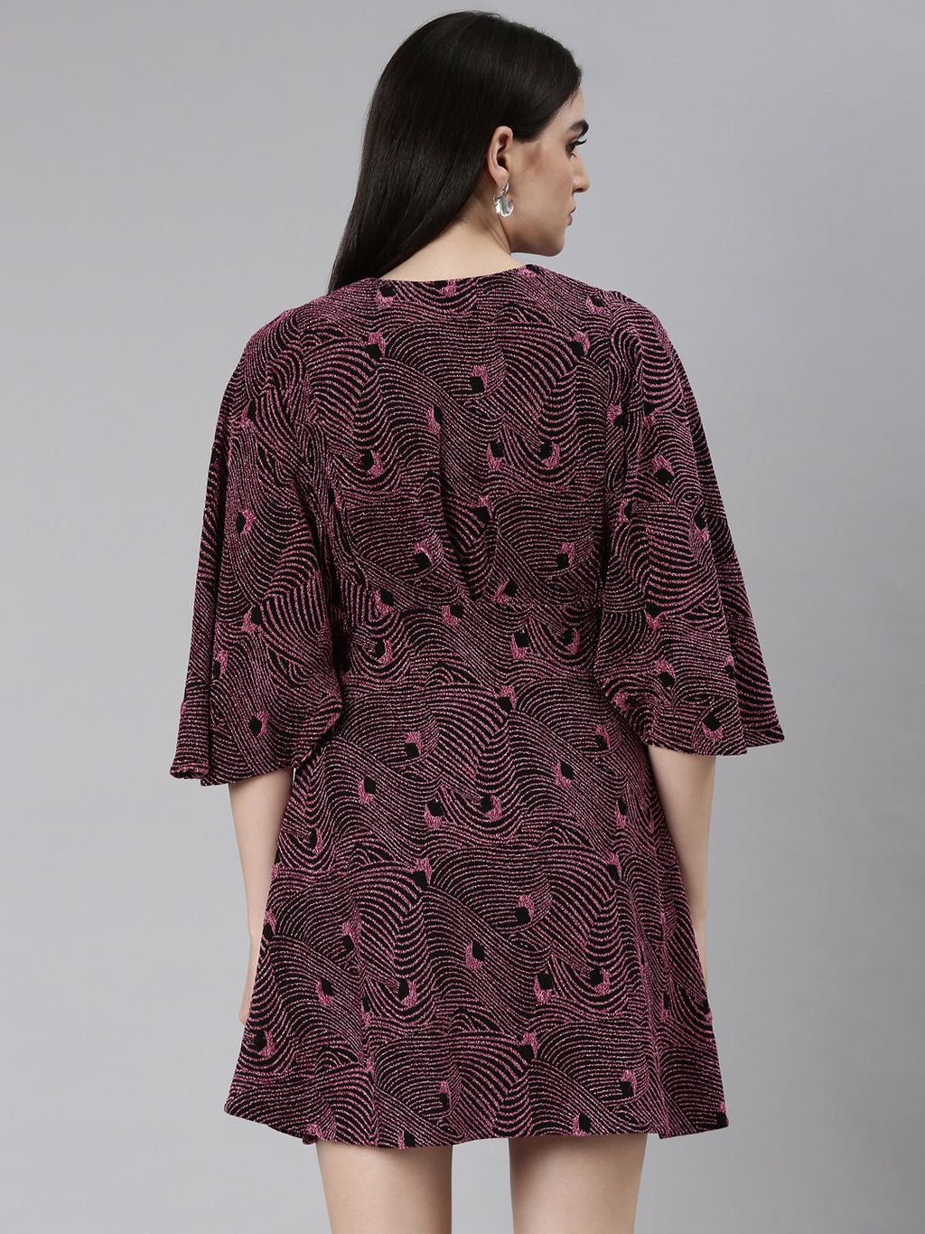 Women's Pink Self Design Flared Sleeve Fit and Flare Dress