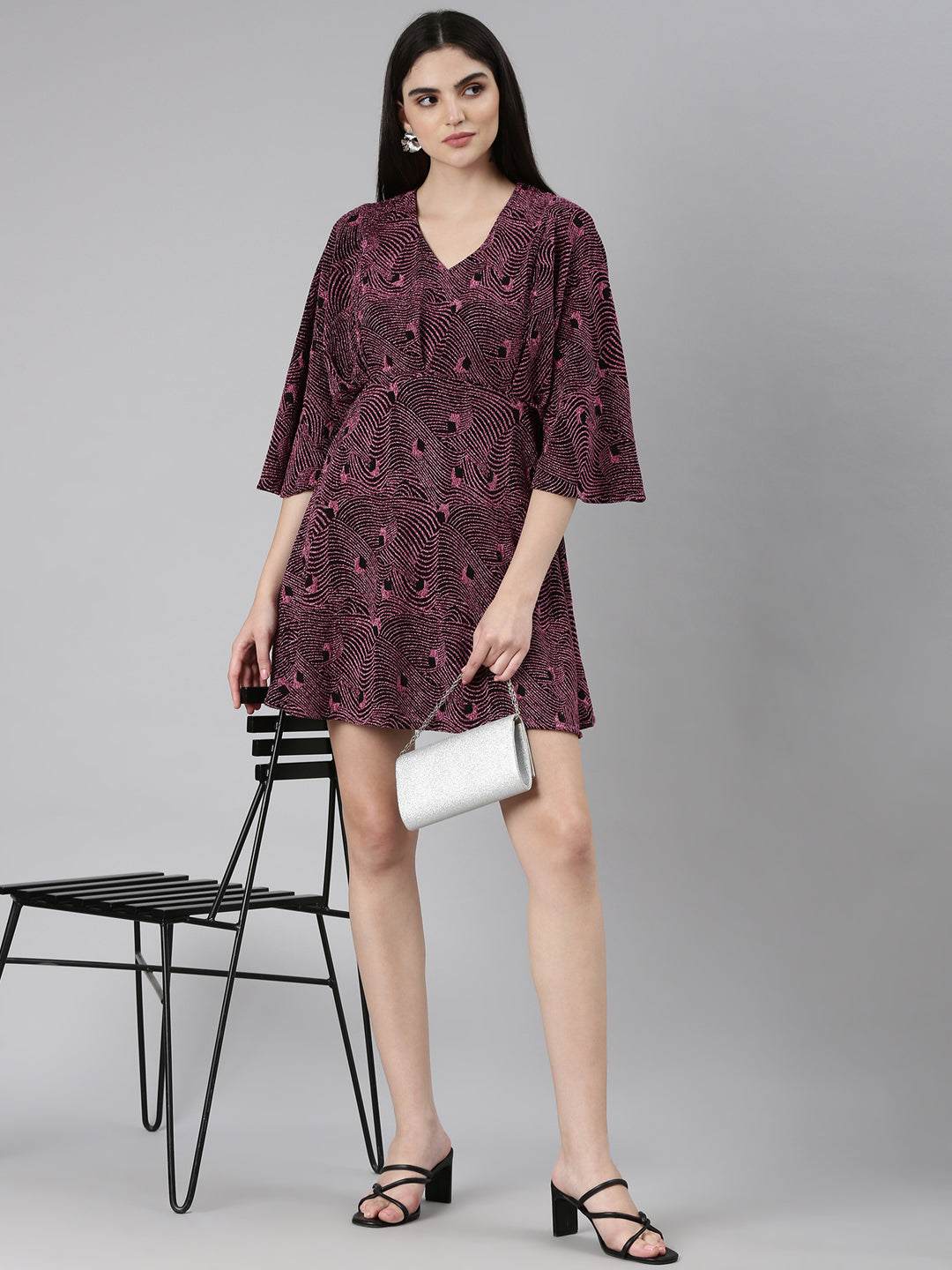 Women's Pink Self Design Flared Sleeve Fit and Flare Dress