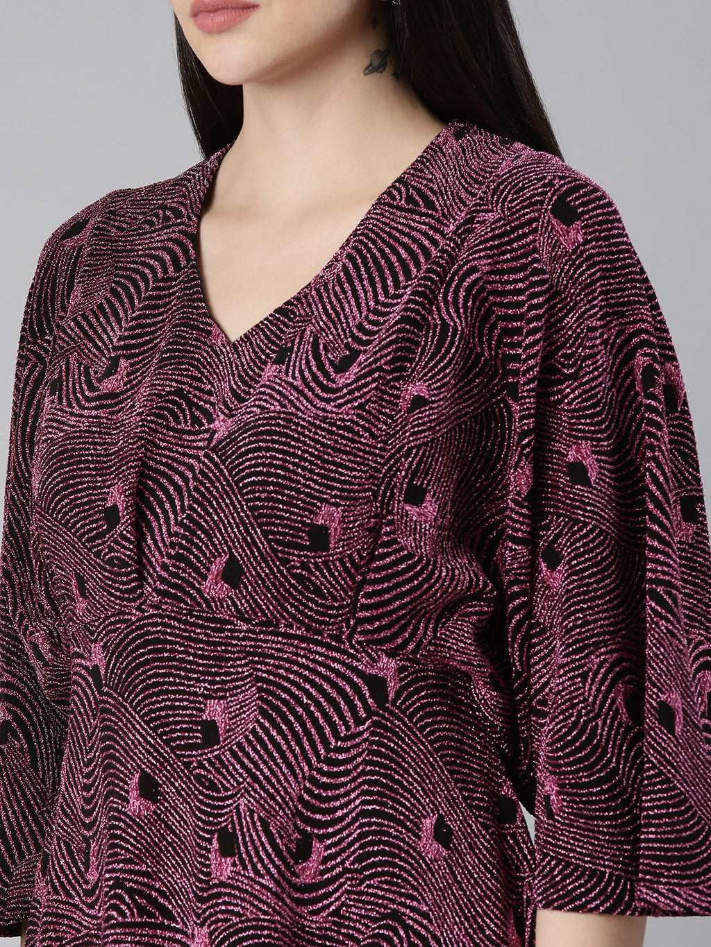 Women's Pink Self Design Flared Sleeve Fit and Flare Dress