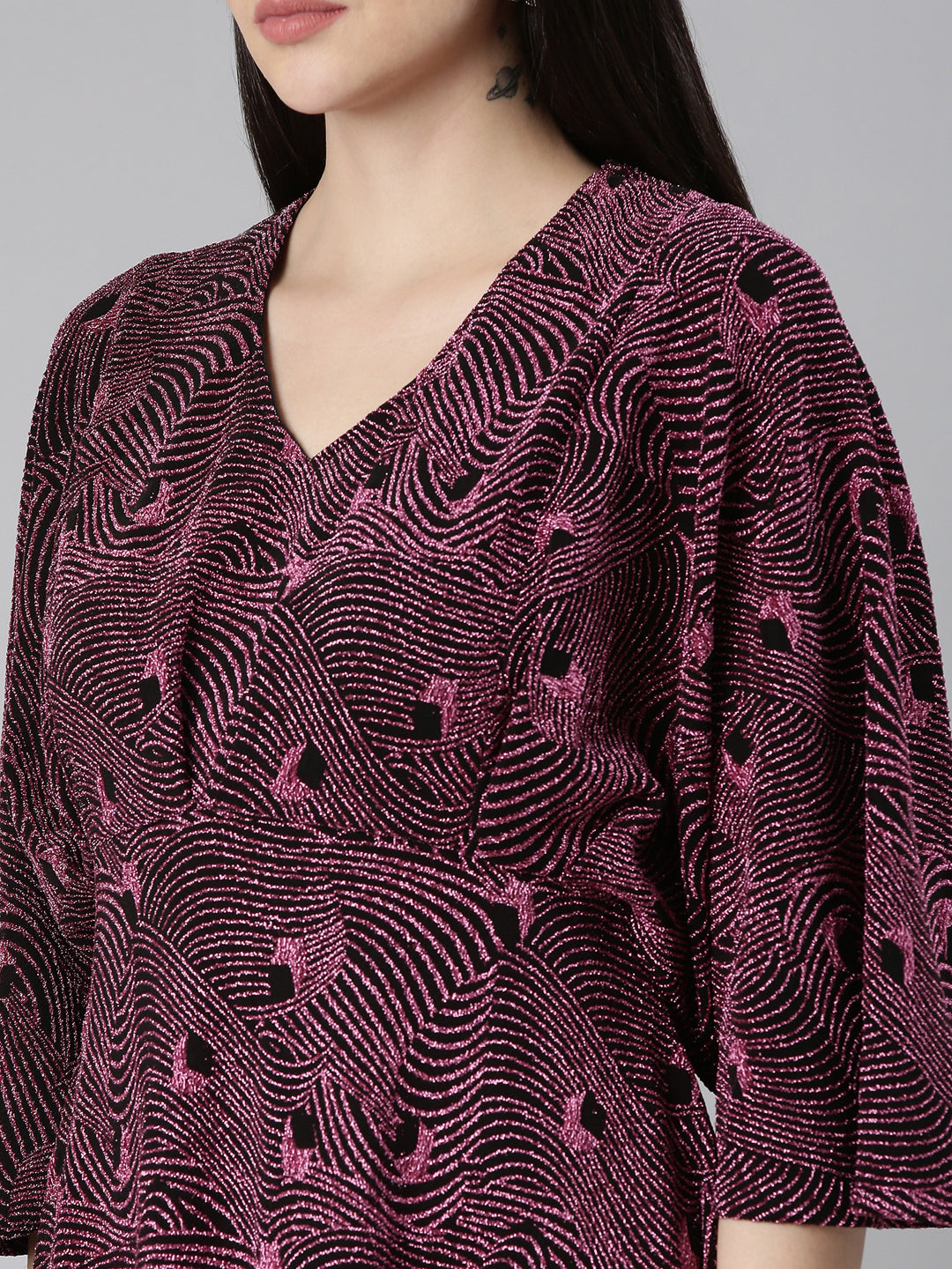 Women's Pink Self Design Flared Sleeve Fit and Flare Dress