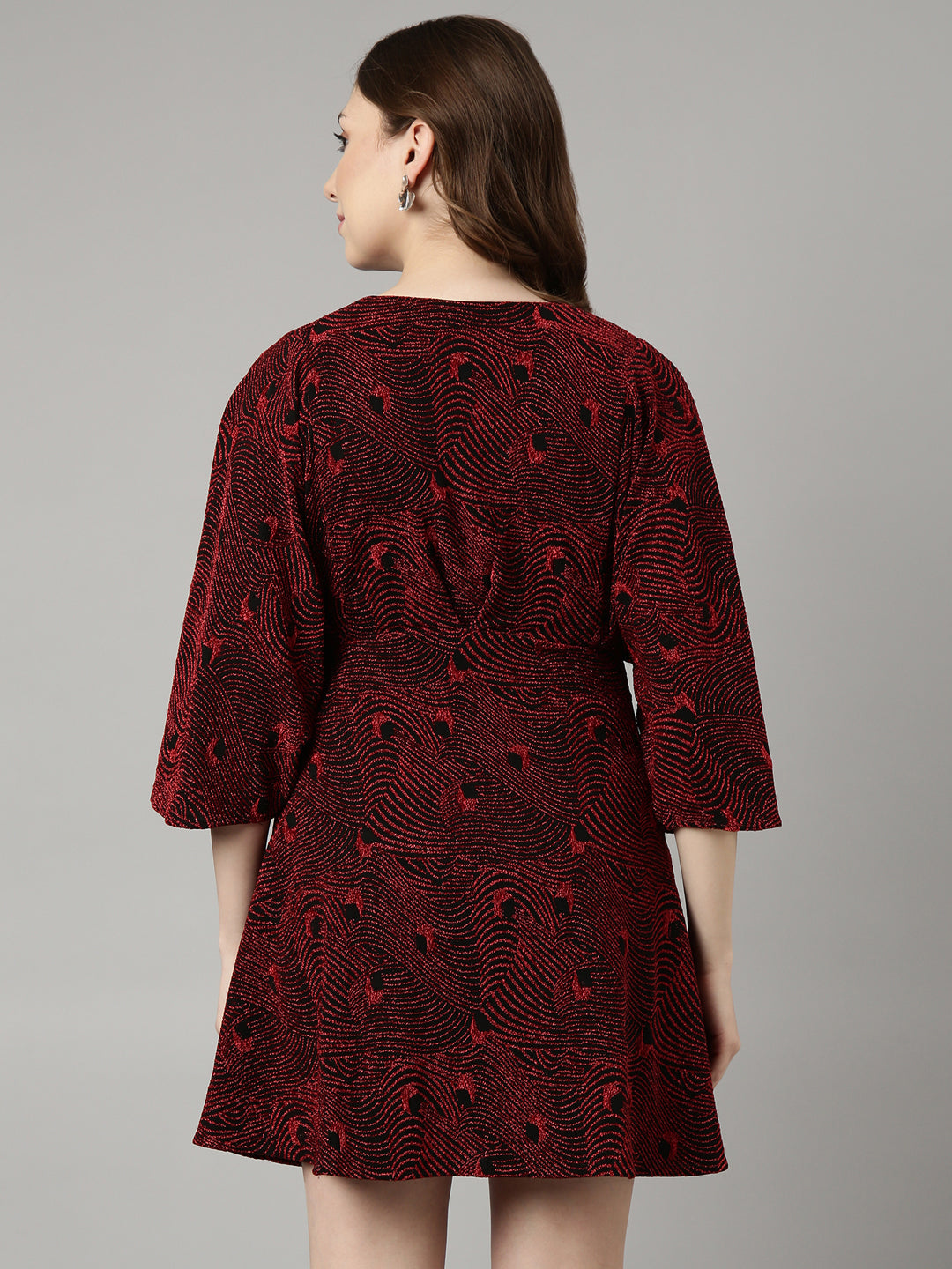 Women's Red Abstract Print V-Neck Fit and Flare Dress