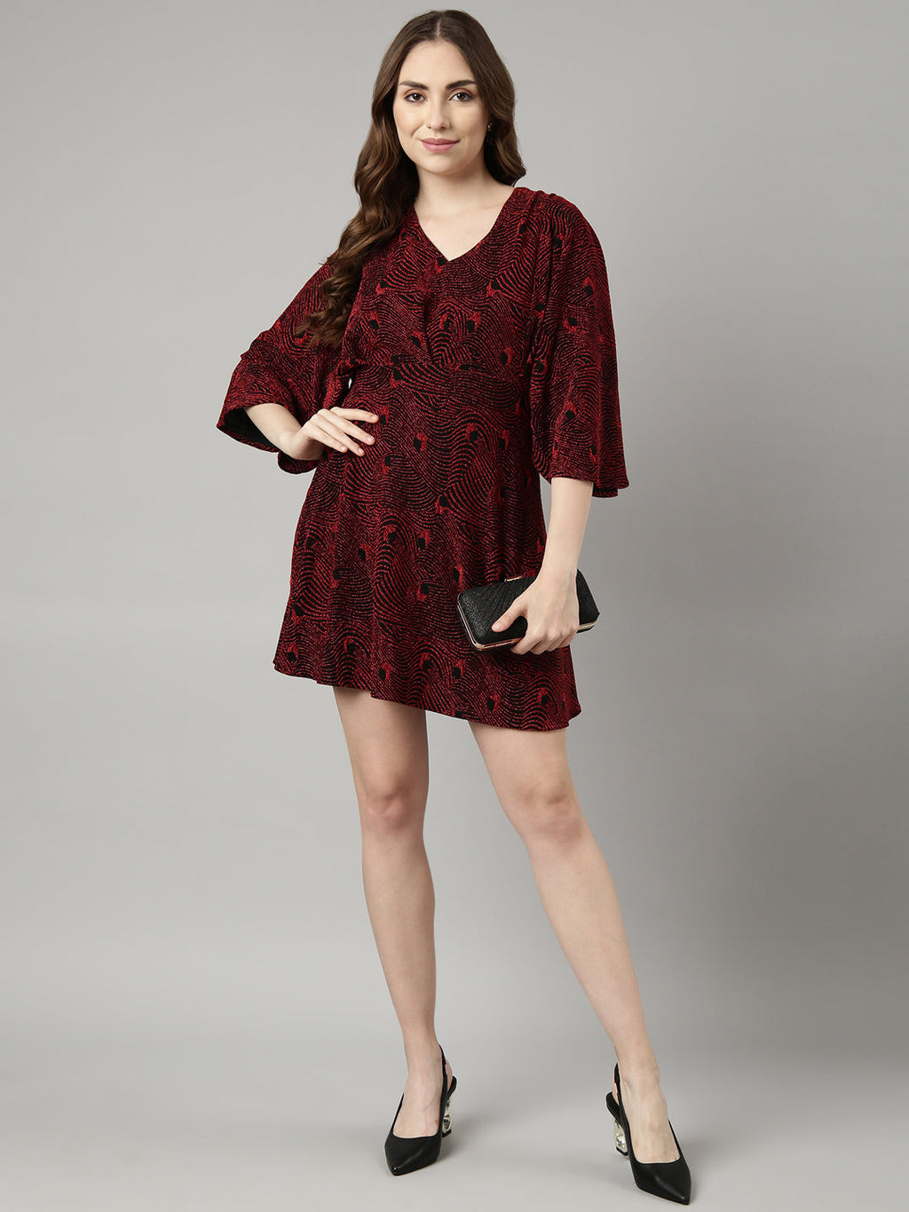 Women's Red Abstract Print V-Neck Fit and Flare Dress