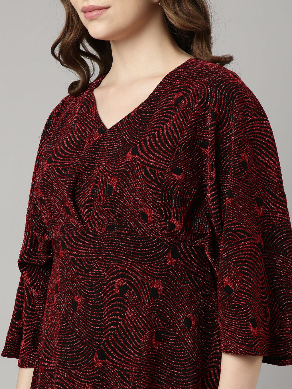 Women's Red Abstract Print V-Neck Fit and Flare Dress