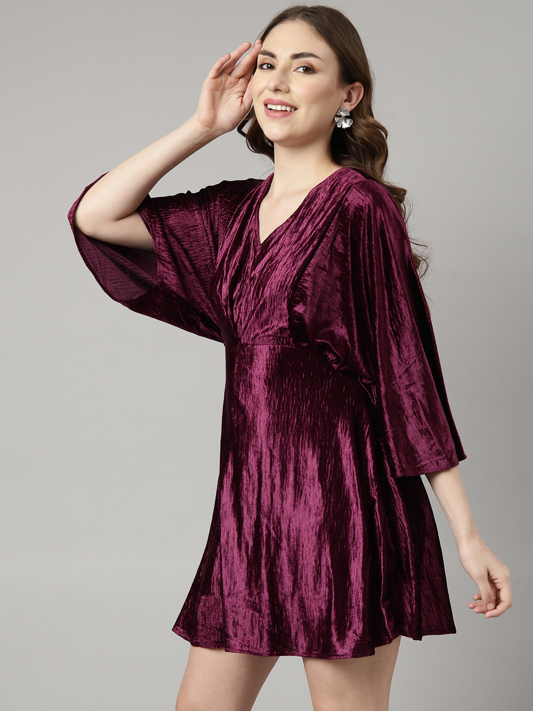 Women's Purple V-Neck Kimono Sleeves Fit & Flare Dress