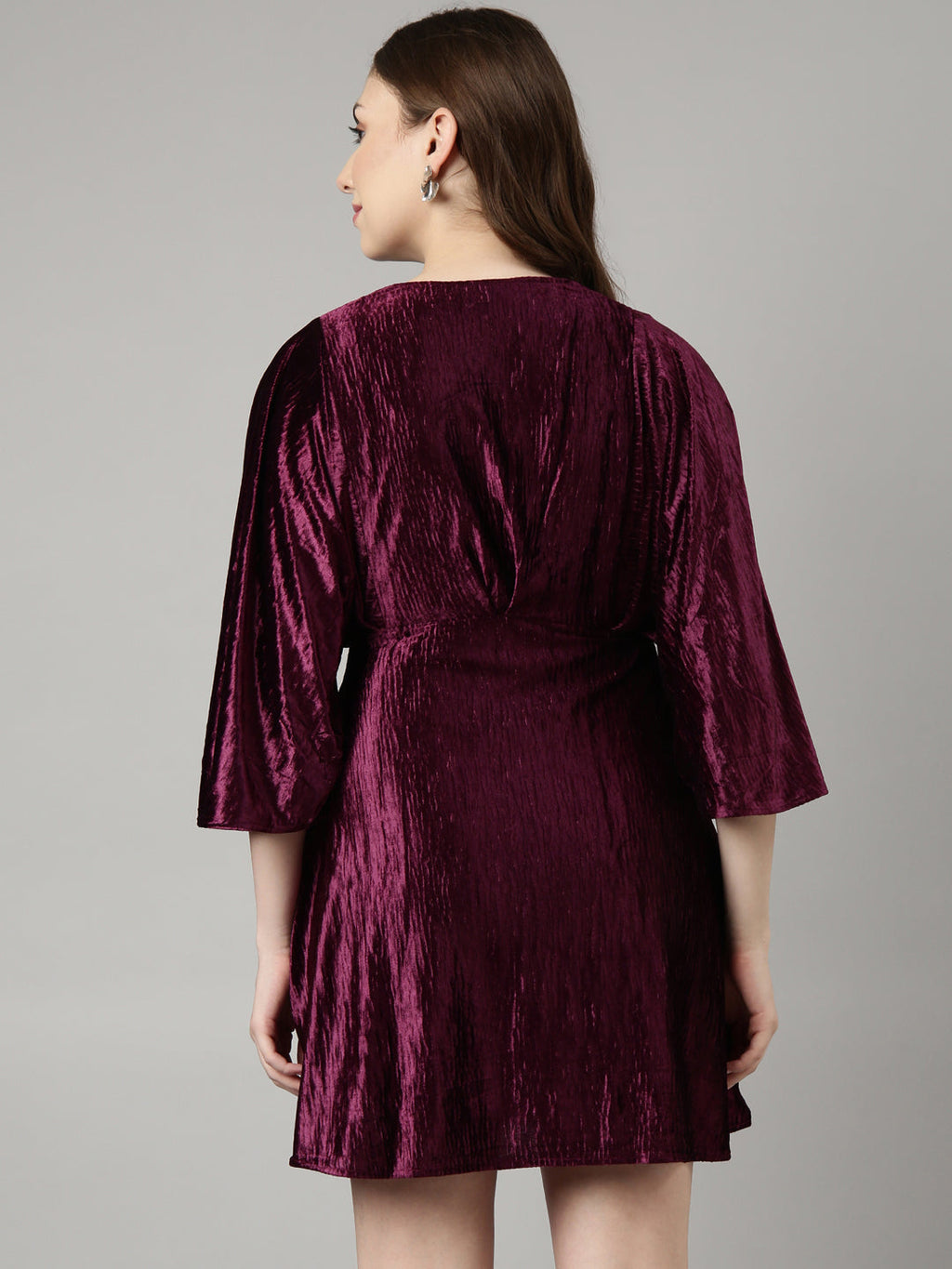 Women's Purple V-Neck Kimono Sleeves Fit & Flare Dress