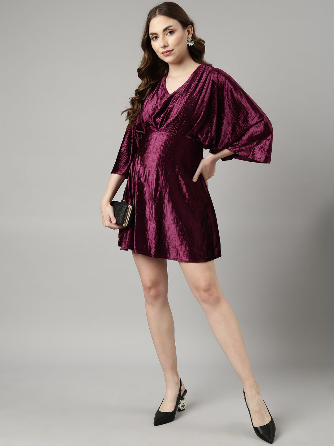 Women's Purple V-Neck Kimono Sleeves Fit & Flare Dress