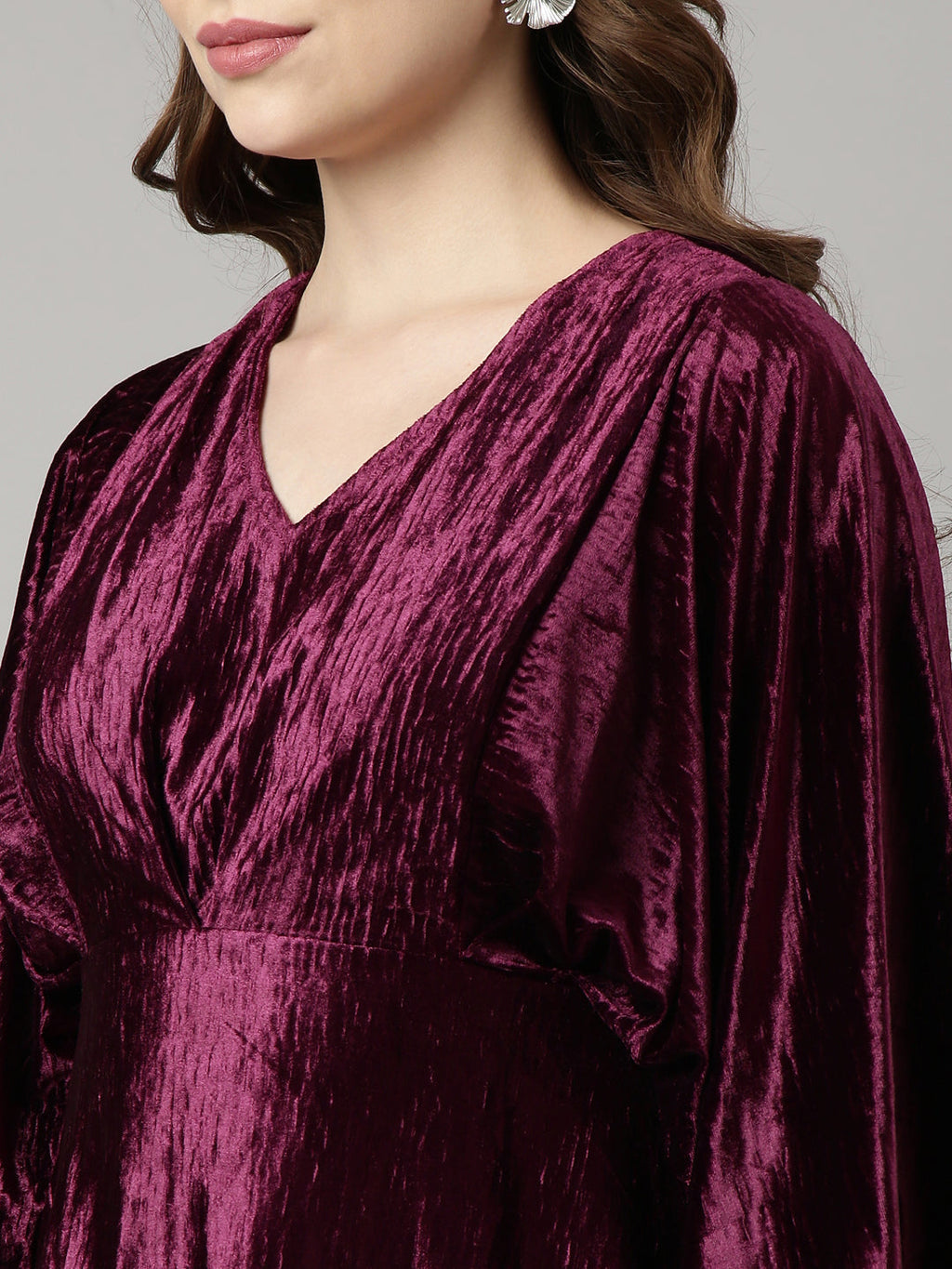Women's Purple V-Neck Kimono Sleeves Fit & Flare Dress