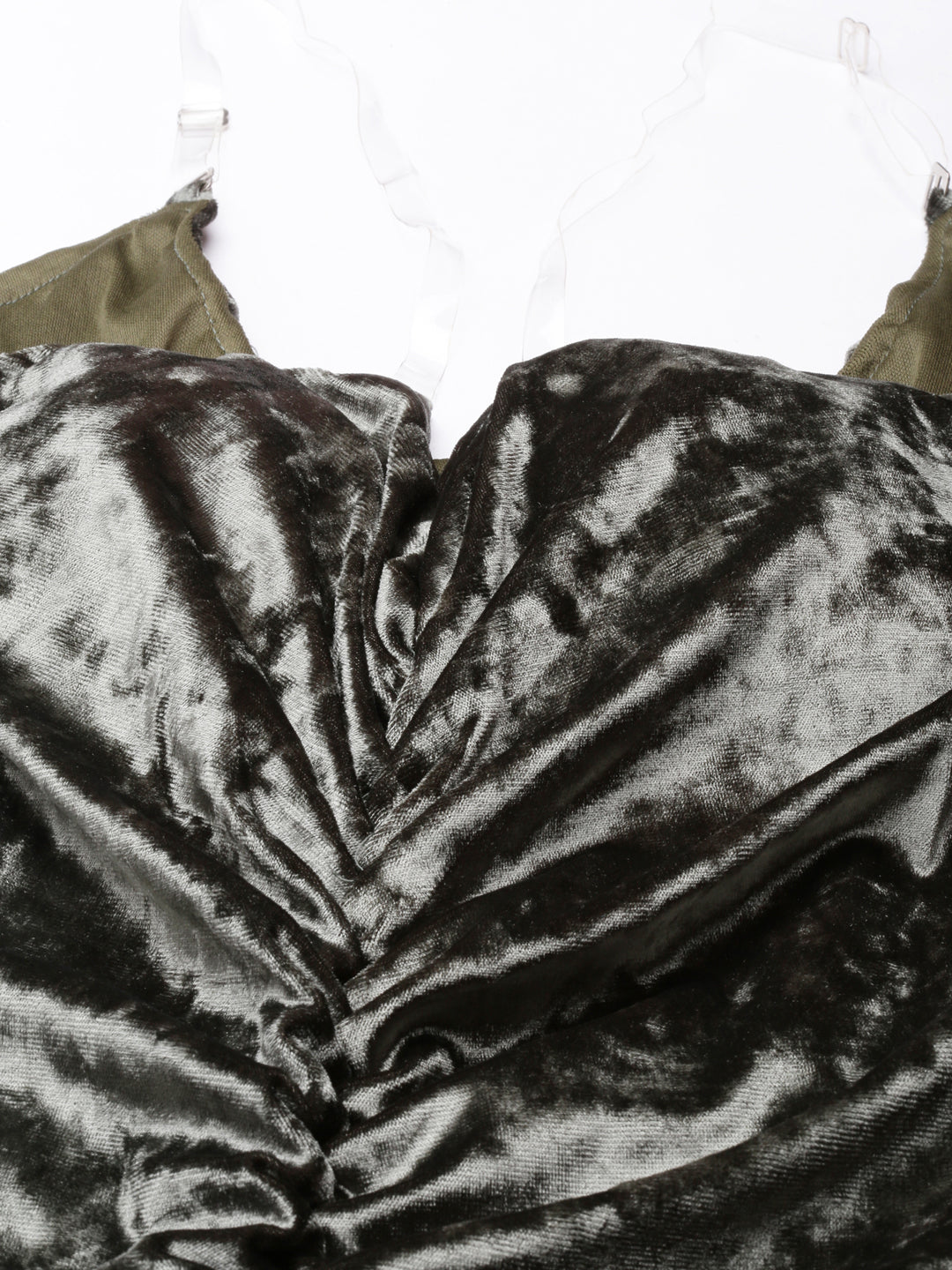 Women's Olive Shoulder Strap Ruched Velvet Sheath Dress