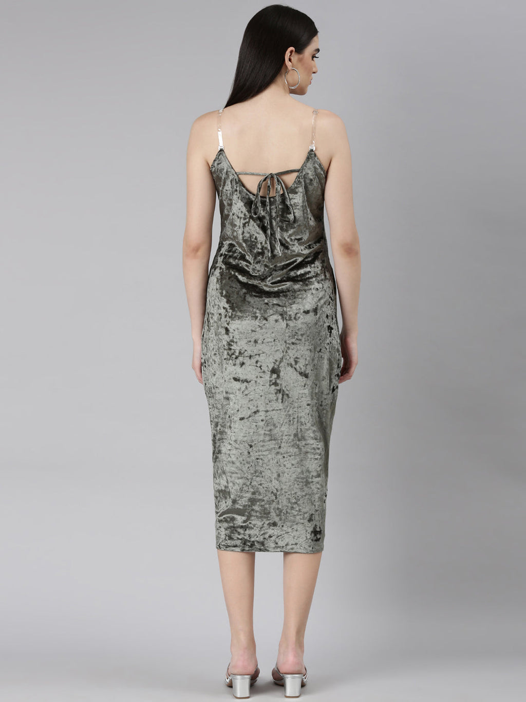 Women's Olive Shoulder Strap Ruched Velvet Sheath Dress