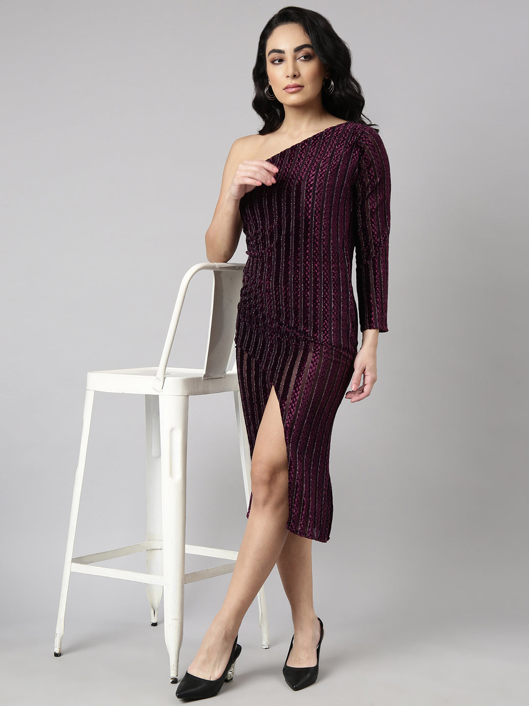 Women's Purple One Shoulder Long Sleeve Self Design Wrap Dress