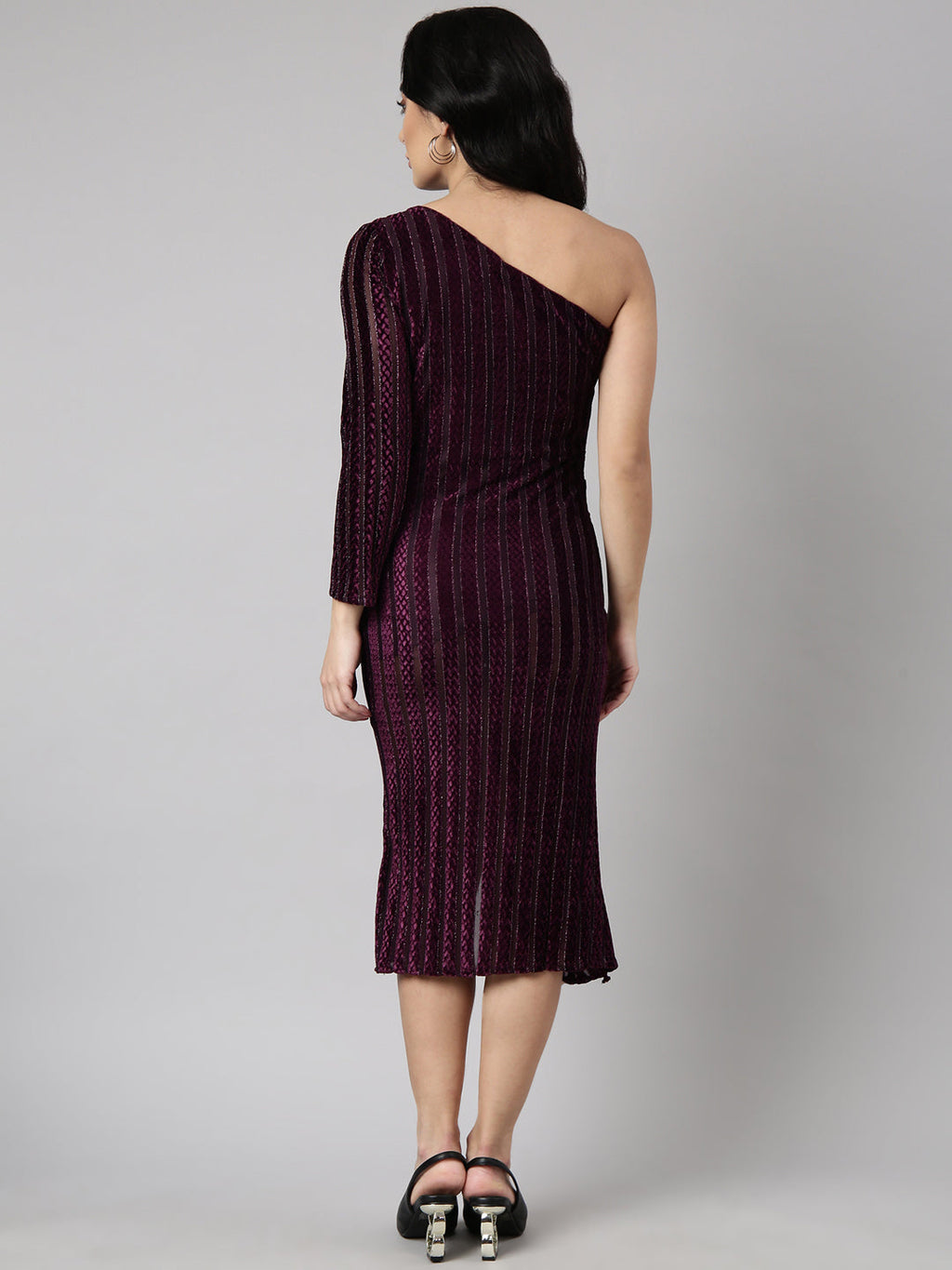 Women's Purple One Shoulder Long Sleeve Self Design Wrap Dress