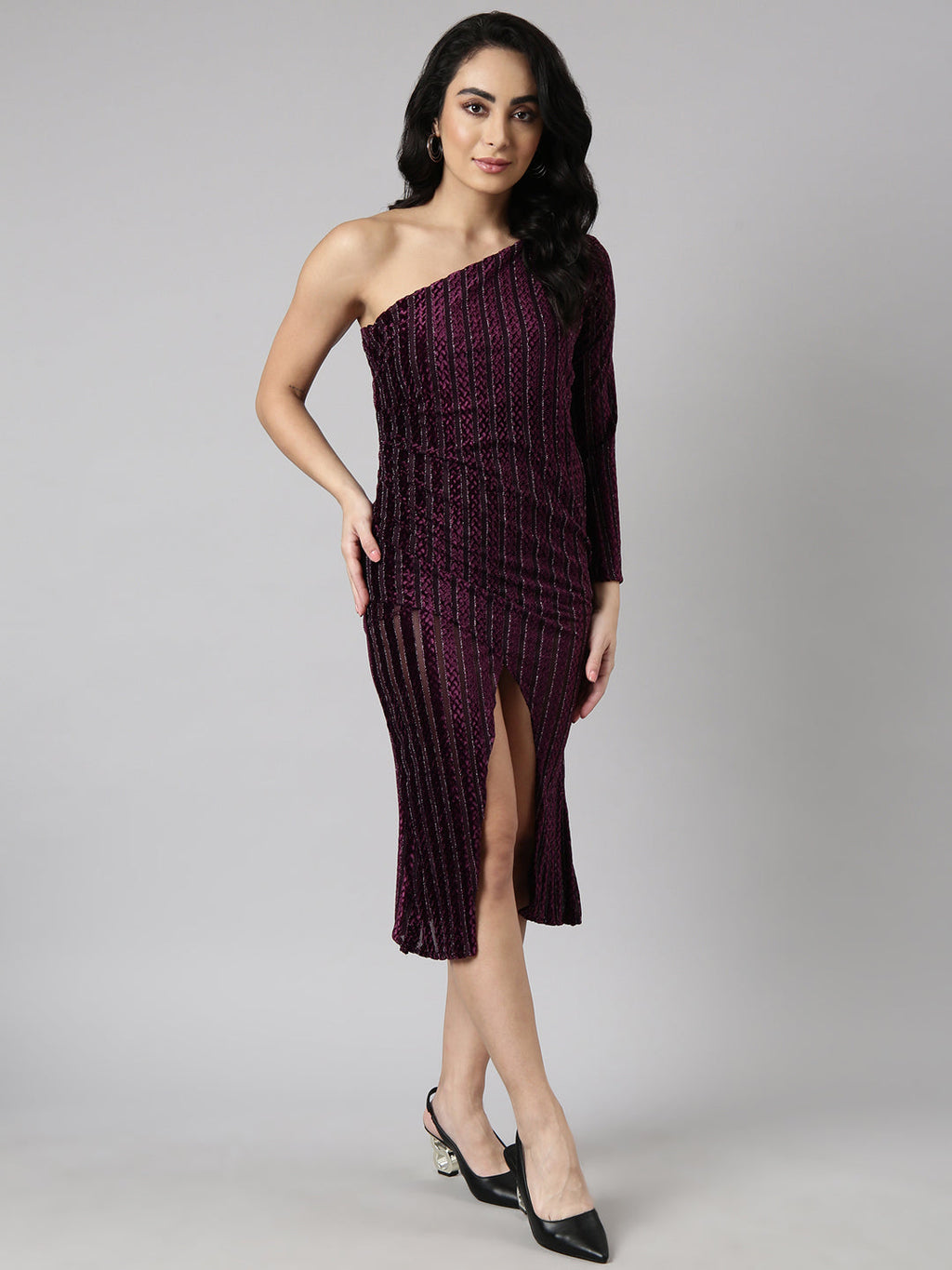 Women's Purple One Shoulder Long Sleeve Self Design Wrap Dress