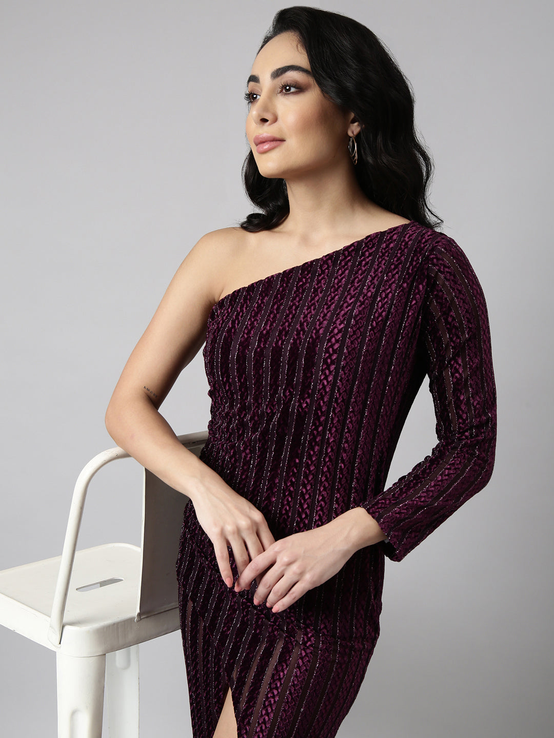 Women's Purple One Shoulder Long Sleeve Self Design Wrap Dress
