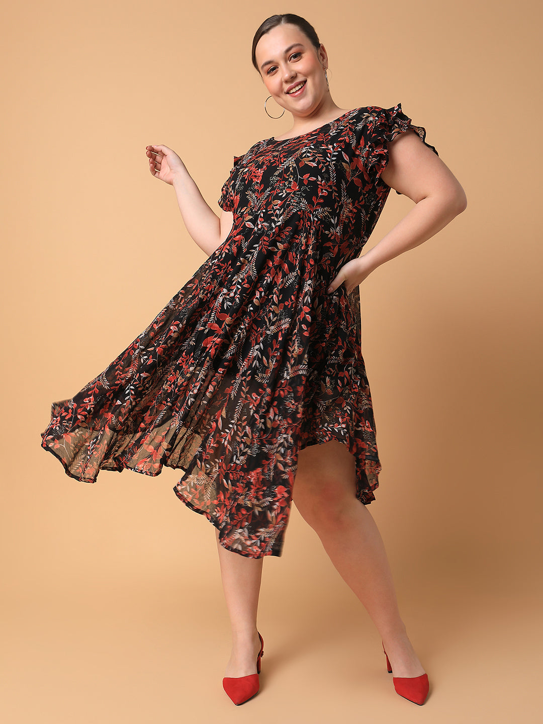 Women's Floral Black Empire Midi Dress