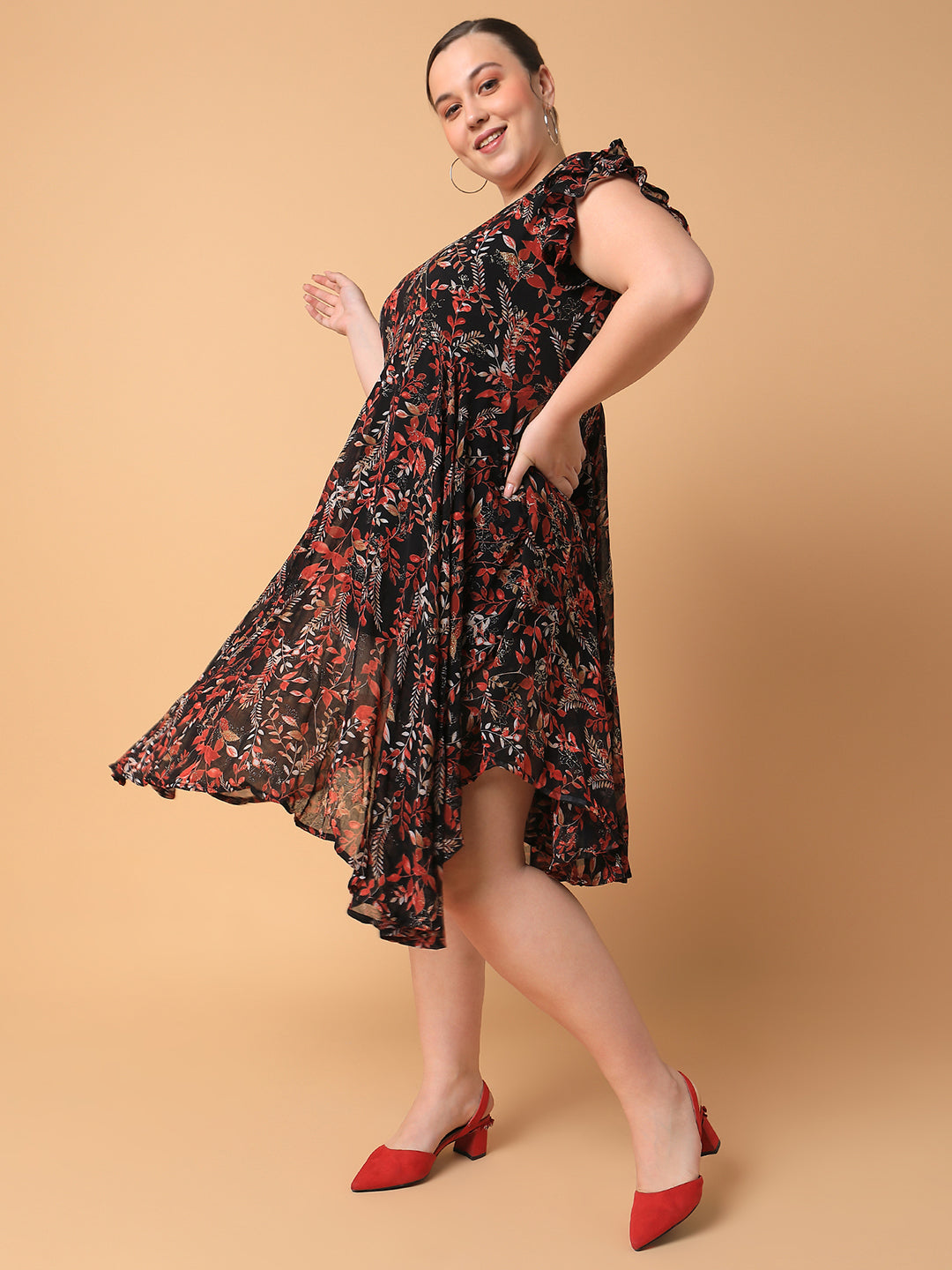 Women's Floral Black Empire Midi Dress