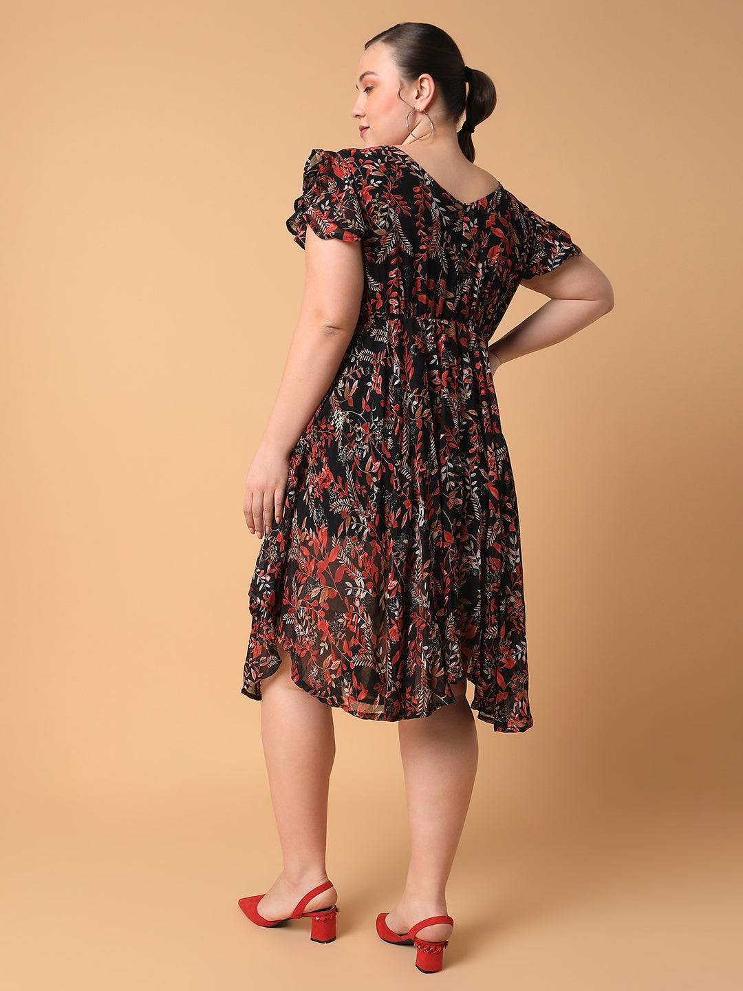 Women's Floral Black Empire Midi Dress