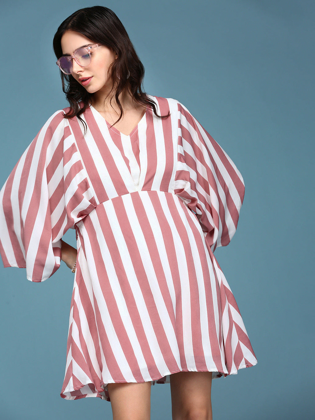 Women's Mauve Striped V-Neck Flared Sleeves A-Line Midi Dress