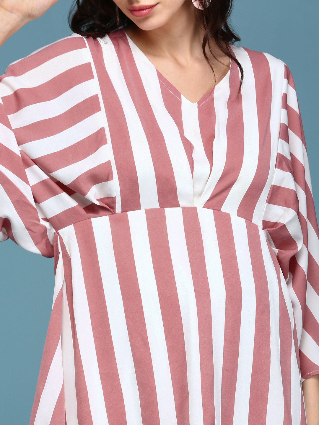 Women's Mauve Striped V-Neck Flared Sleeves A-Line Midi Dress