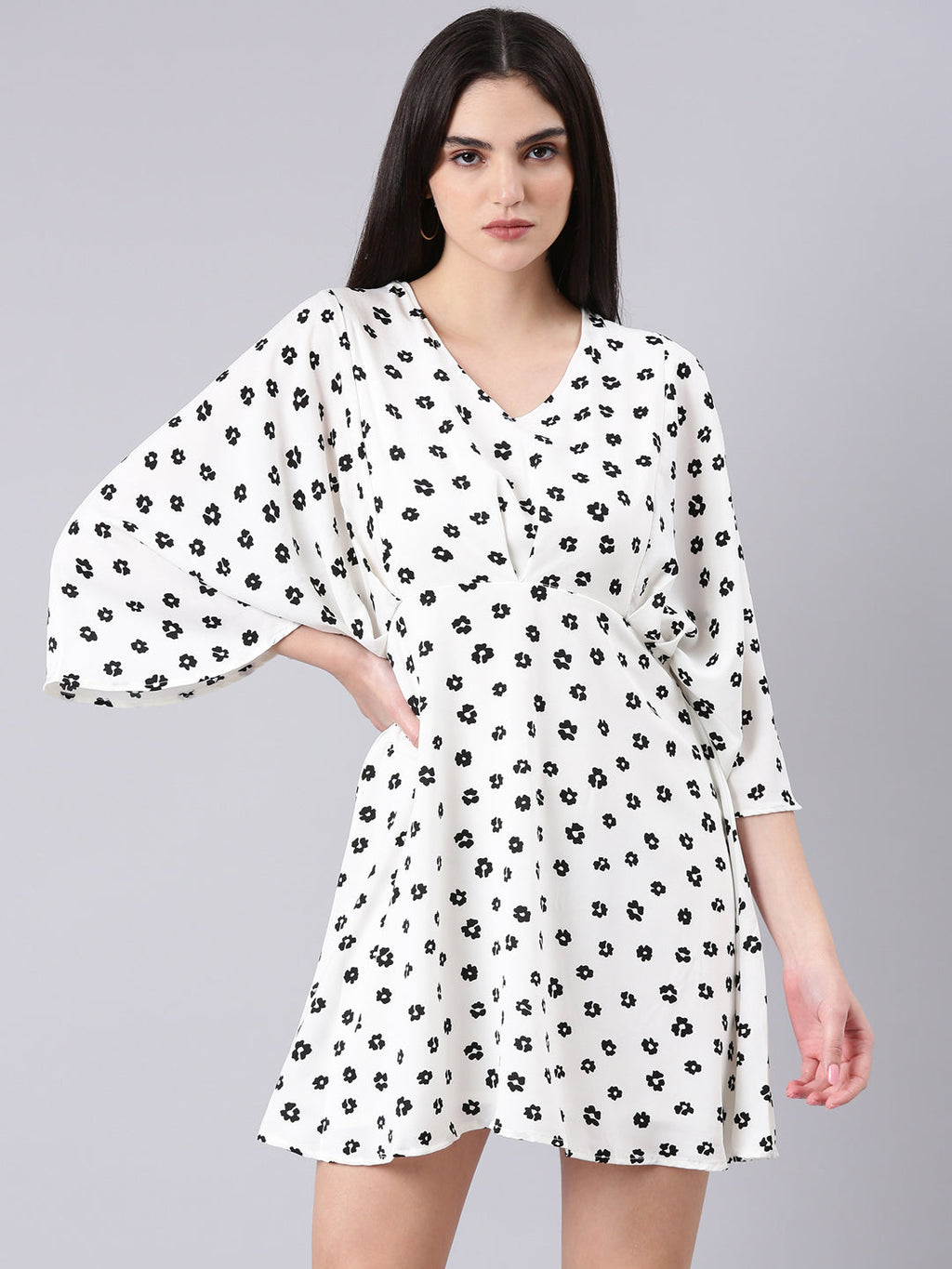Women's White Geometric Printed V-Neck Flared Sleeves Cotton A-Line Dress