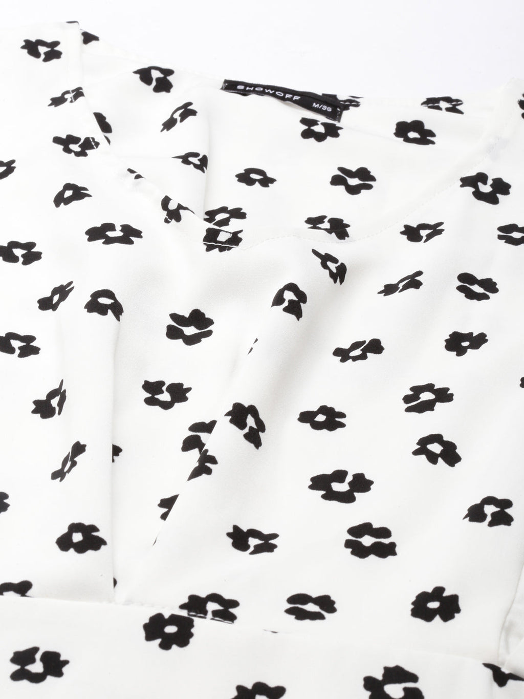 Women's White Geometric Printed V-Neck Flared Sleeves Cotton A-Line Dress