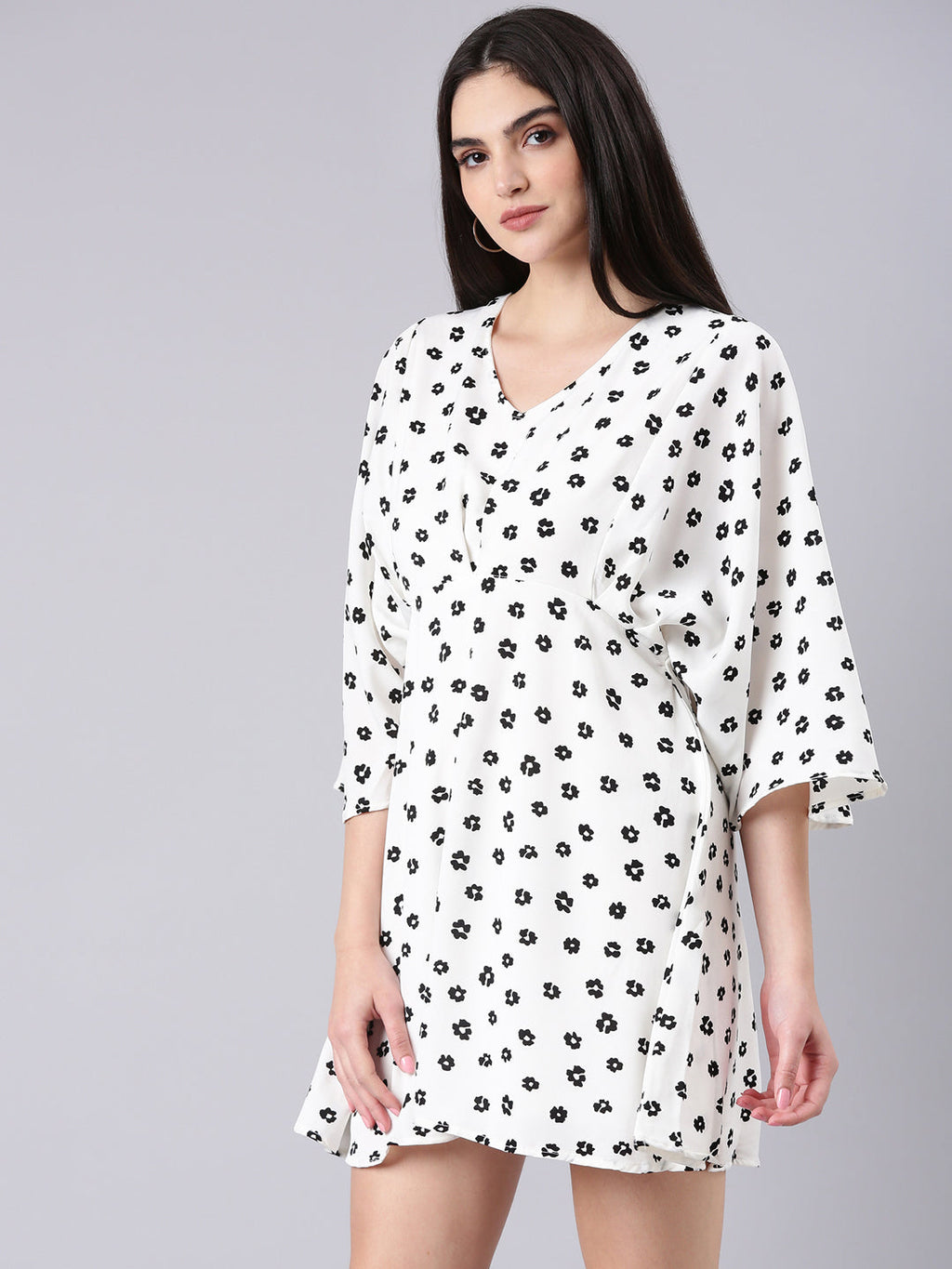 Women's White Geometric Printed V-Neck Flared Sleeves Cotton A-Line Dress