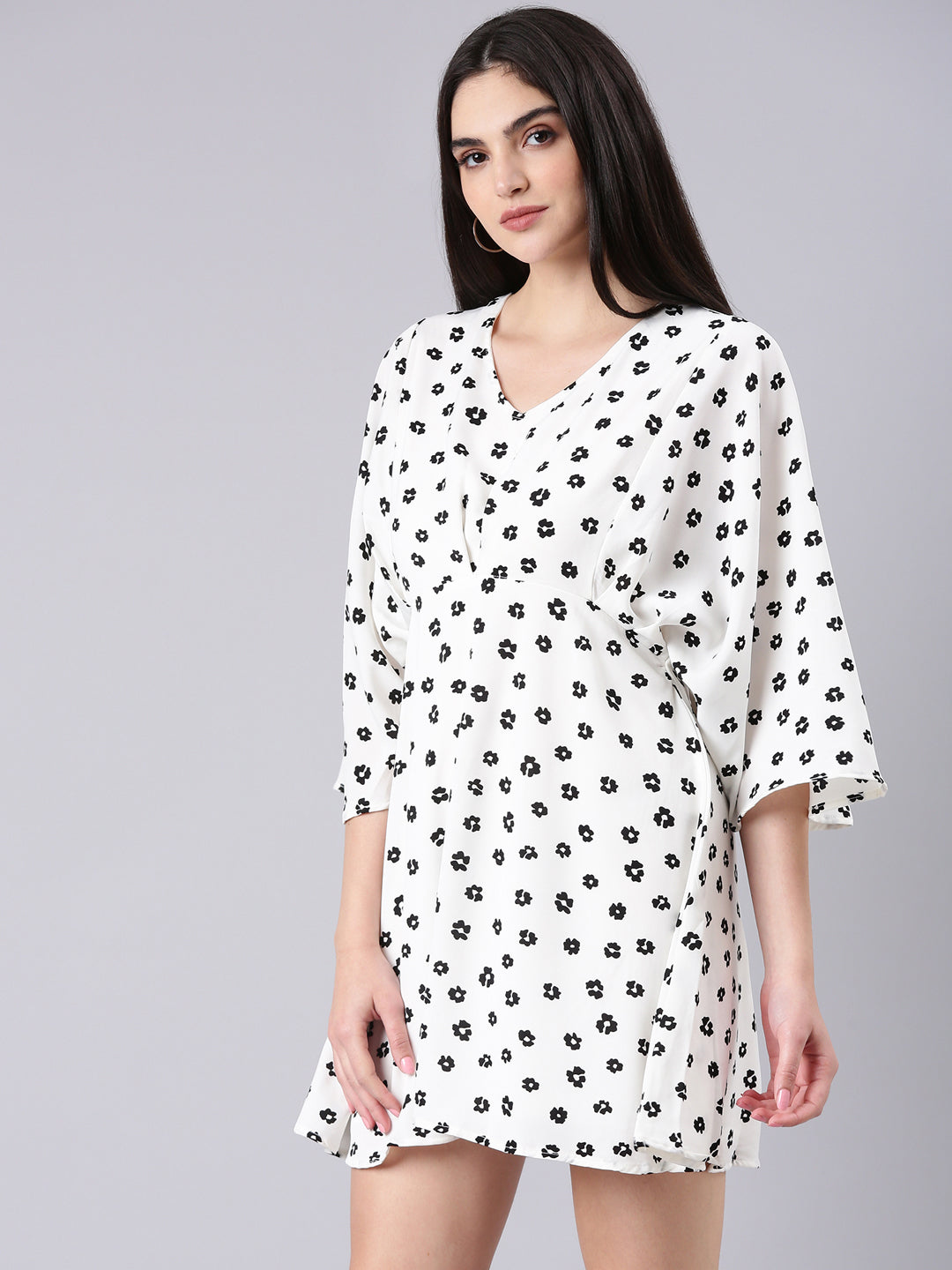 Women's White Geometric Printed V-Neck Flared Sleeves Cotton A-Line Dress