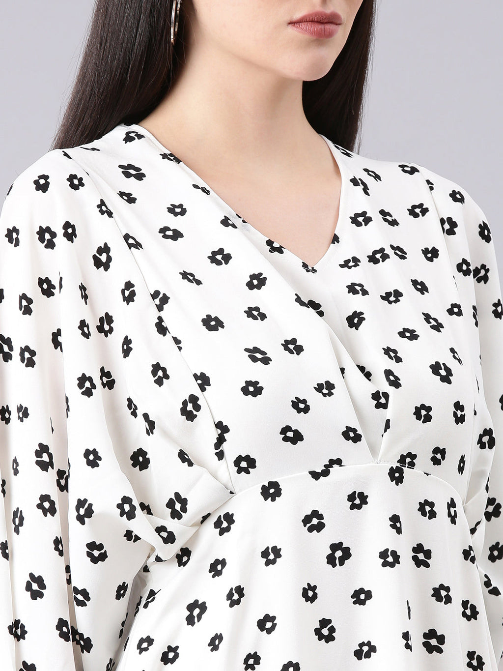 Women's White Geometric Printed V-Neck Flared Sleeves Cotton A-Line Dress