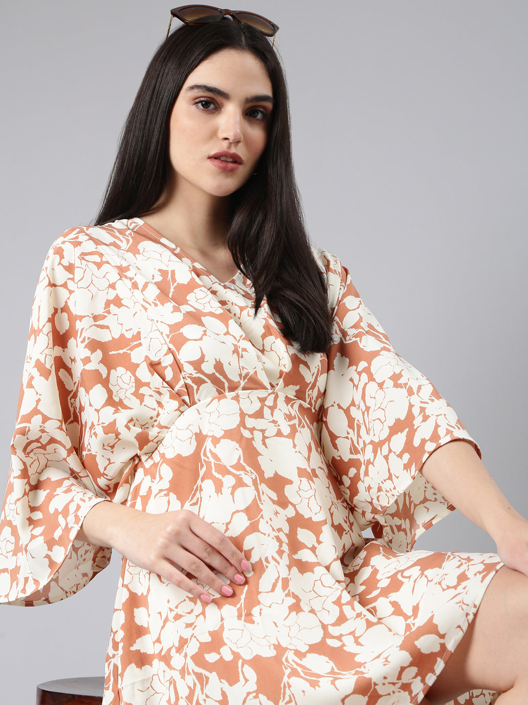 Women's Rust Floral Printed V-Neck Flared Sleeve Kaftan Dress