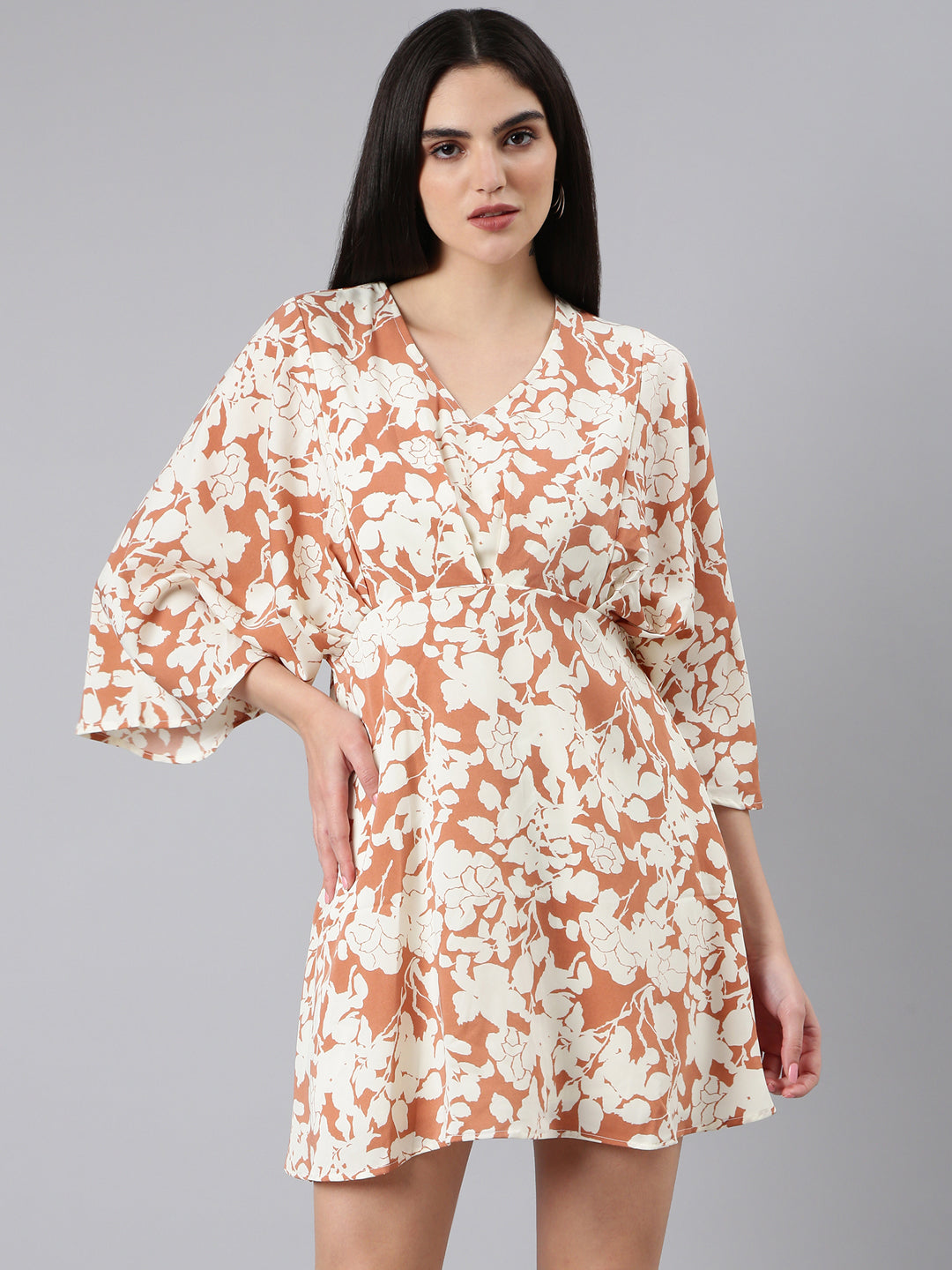 Women's Rust Floral Printed V-Neck Flared Sleeve Kaftan Dress