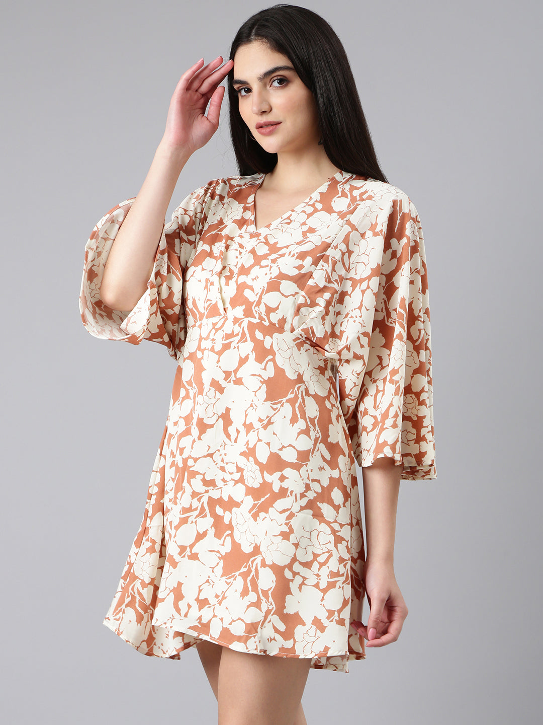 Women's Rust Floral Printed V-Neck Flared Sleeve Kaftan Dress
