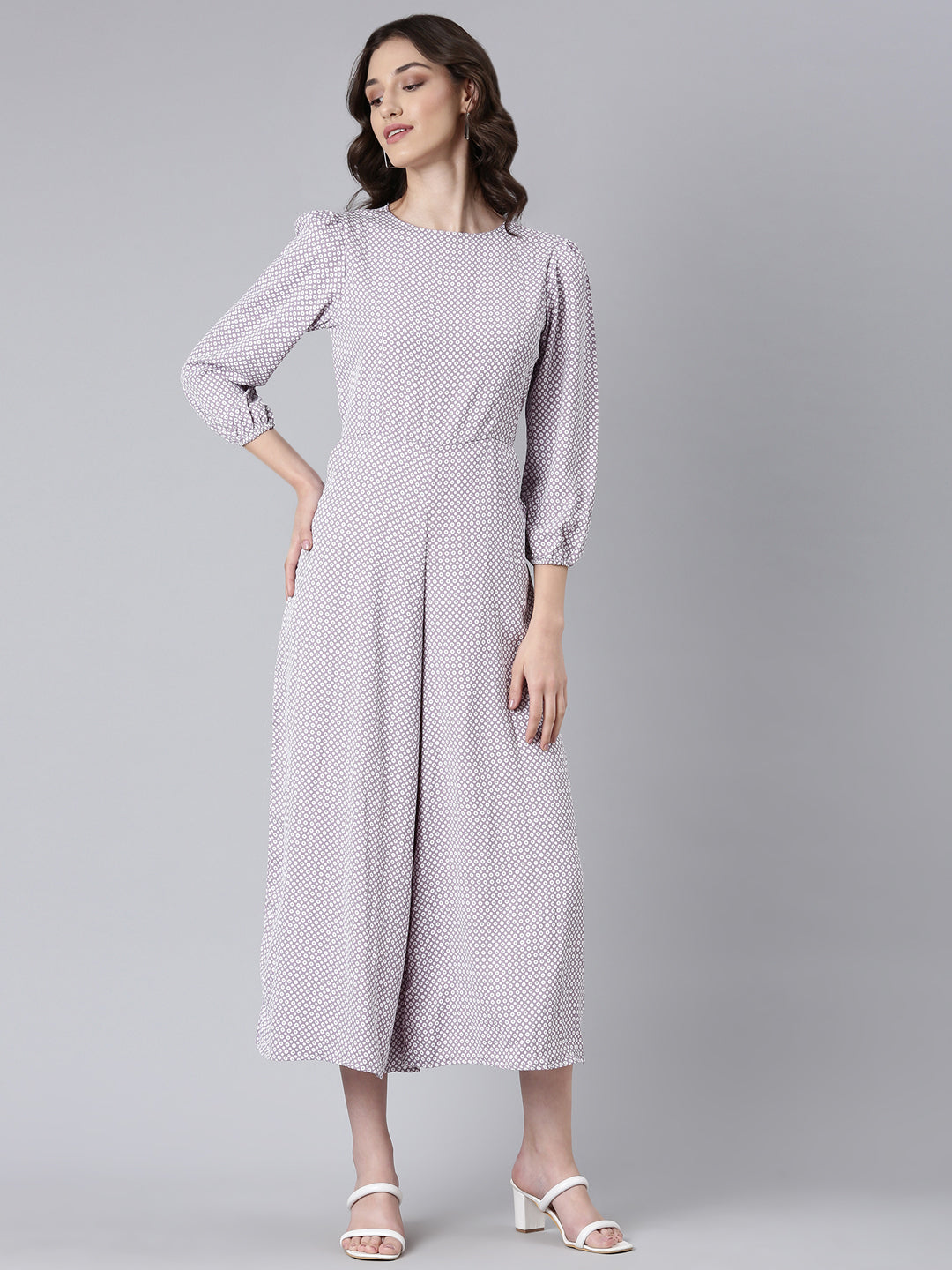 Women's Taupe Printed Puff Sleeves Cotton Basic Jumpsuit