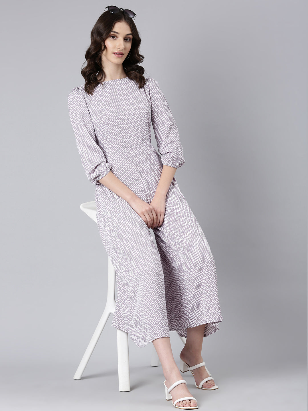 Women's Taupe Printed Puff Sleeves Cotton Basic Jumpsuit