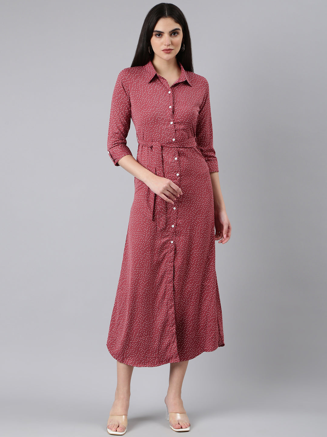 Women's Mauve Polka Dot Printed Shirt Cotton Midi Dress