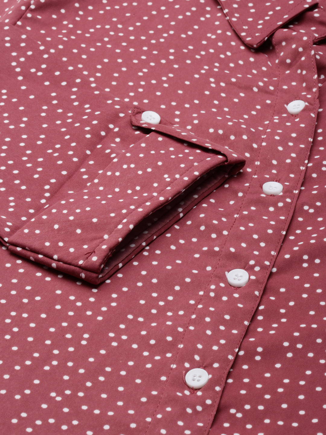 Women's Mauve Polka Dot Printed Shirt Cotton Midi Dress