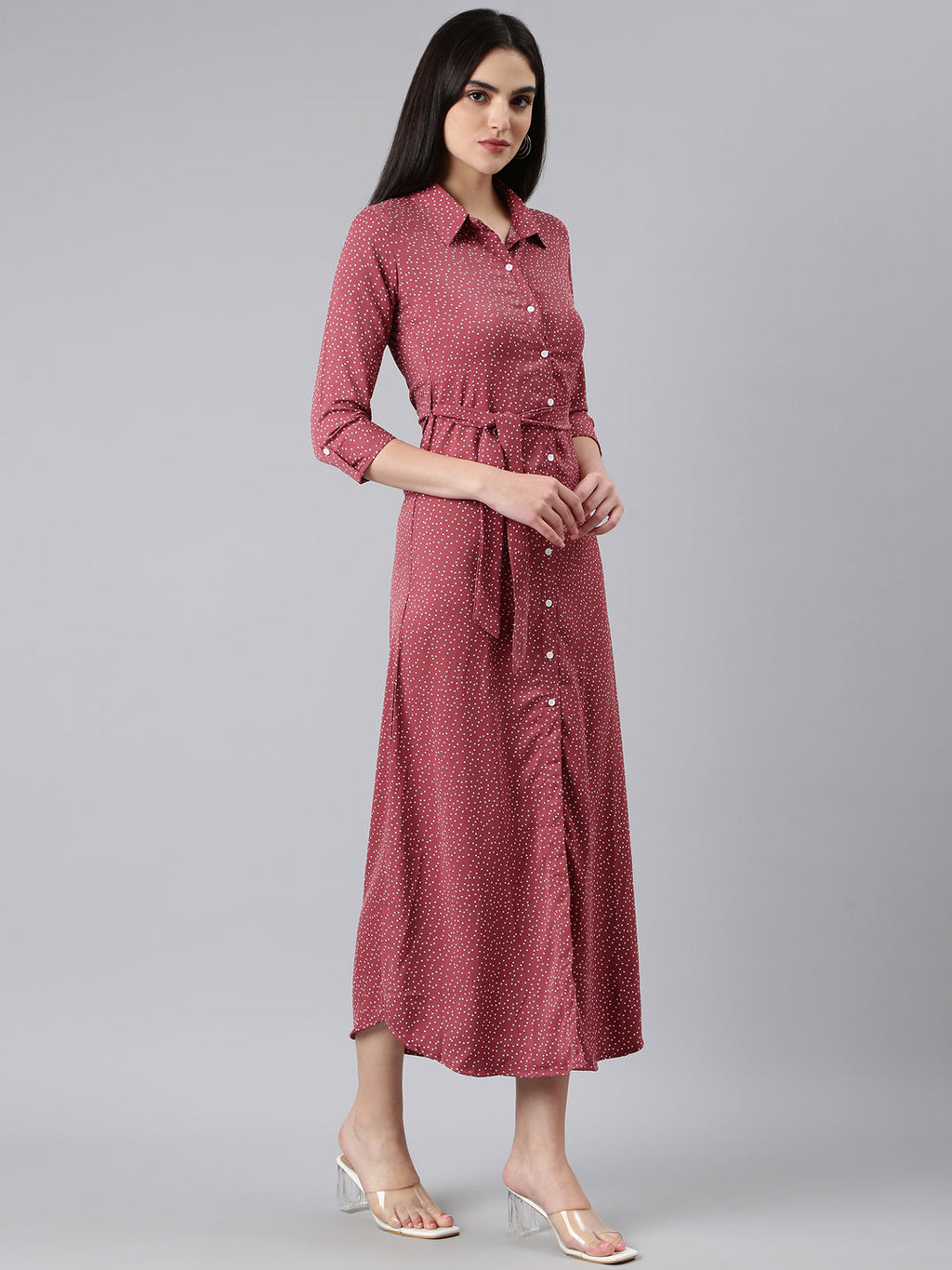 Women's Mauve Polka Dot Printed Shirt Cotton Midi Dress