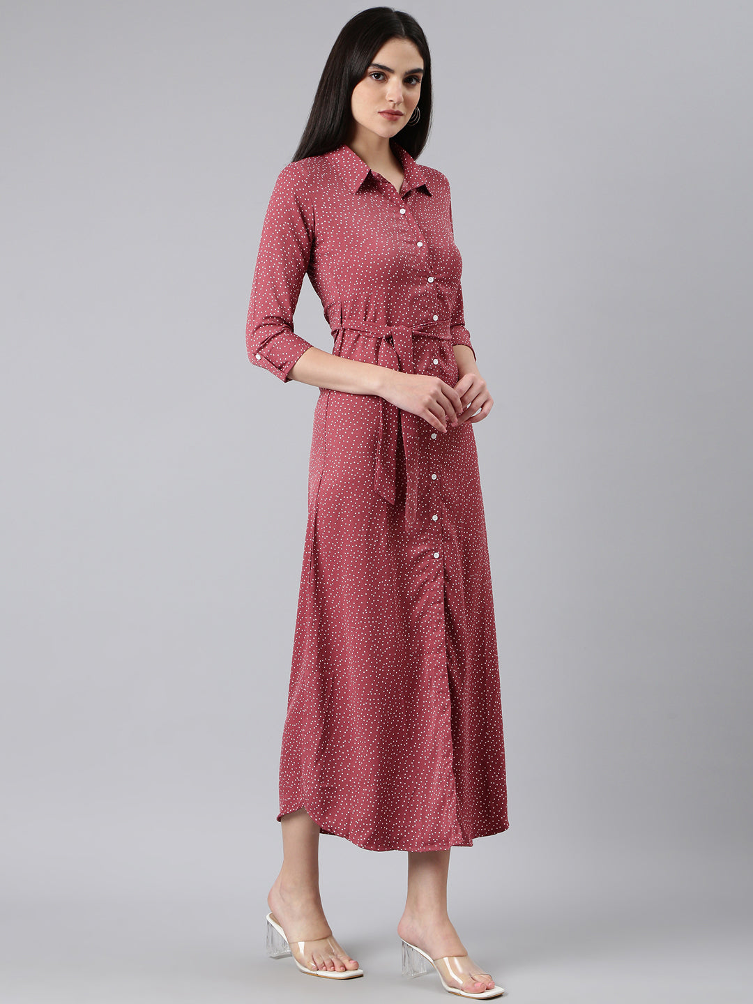 Women's Mauve Polka Dot Printed Shirt Cotton Midi Dress