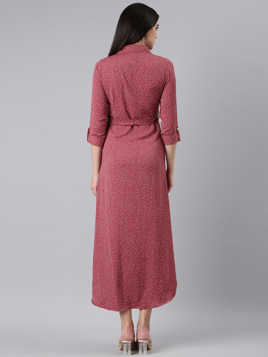 Women's Mauve Polka Dot Printed Shirt Cotton Midi Dress