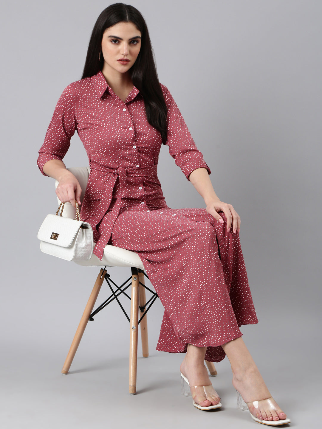 Women's Mauve Polka Dot Printed Shirt Cotton Midi Dress