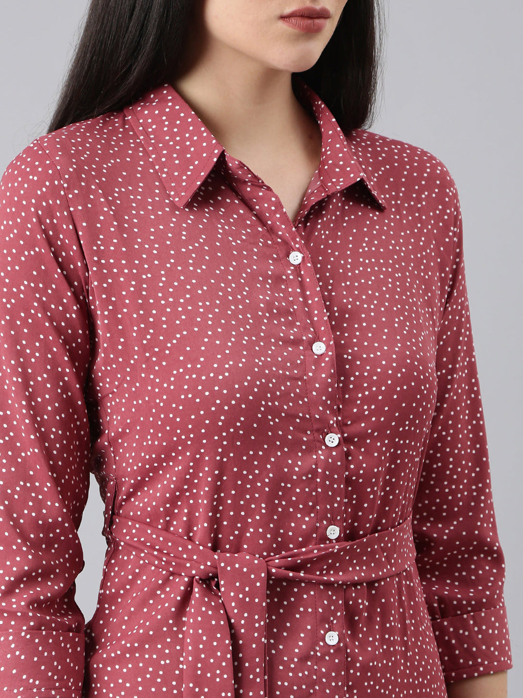 Women's Mauve Polka Dot Printed Shirt Cotton Midi Dress